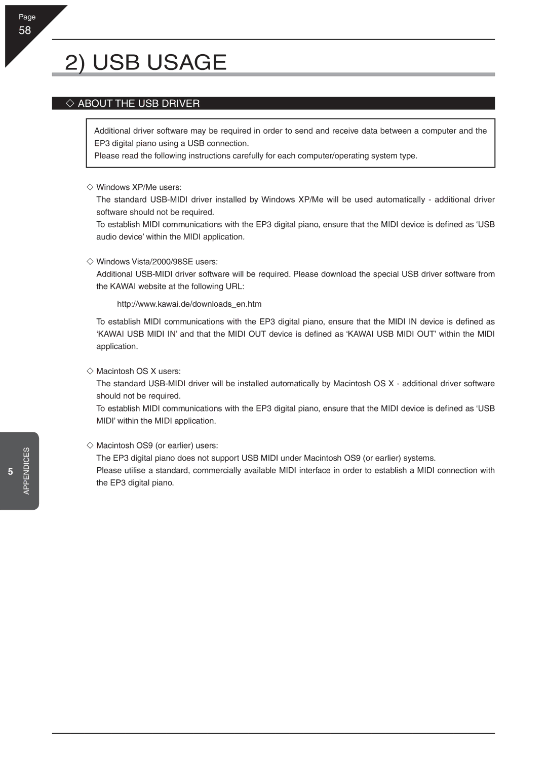 Kawai EP3 manual USB Usage, About the USB Driver 