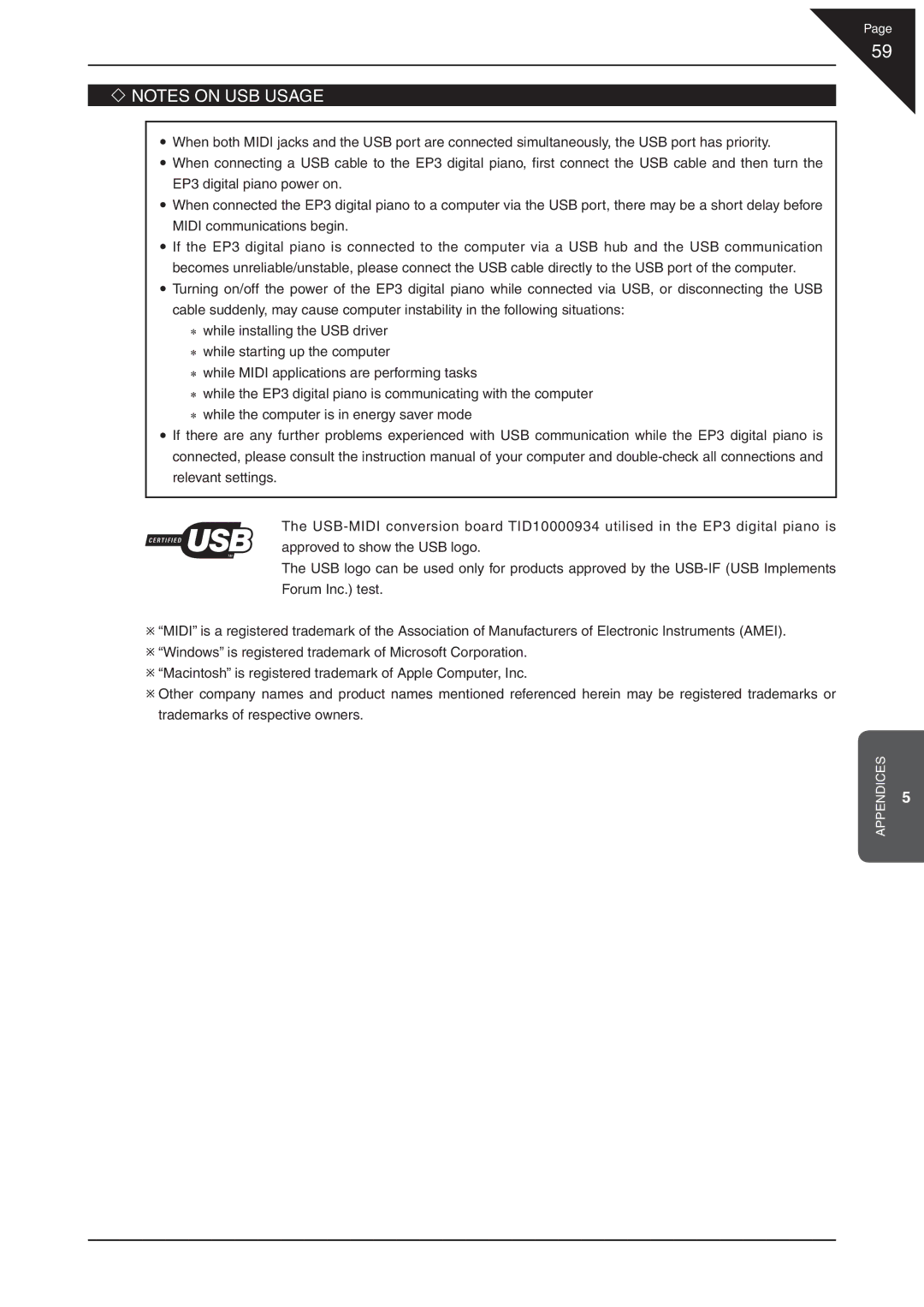 Kawai EP3 manual Appendices 