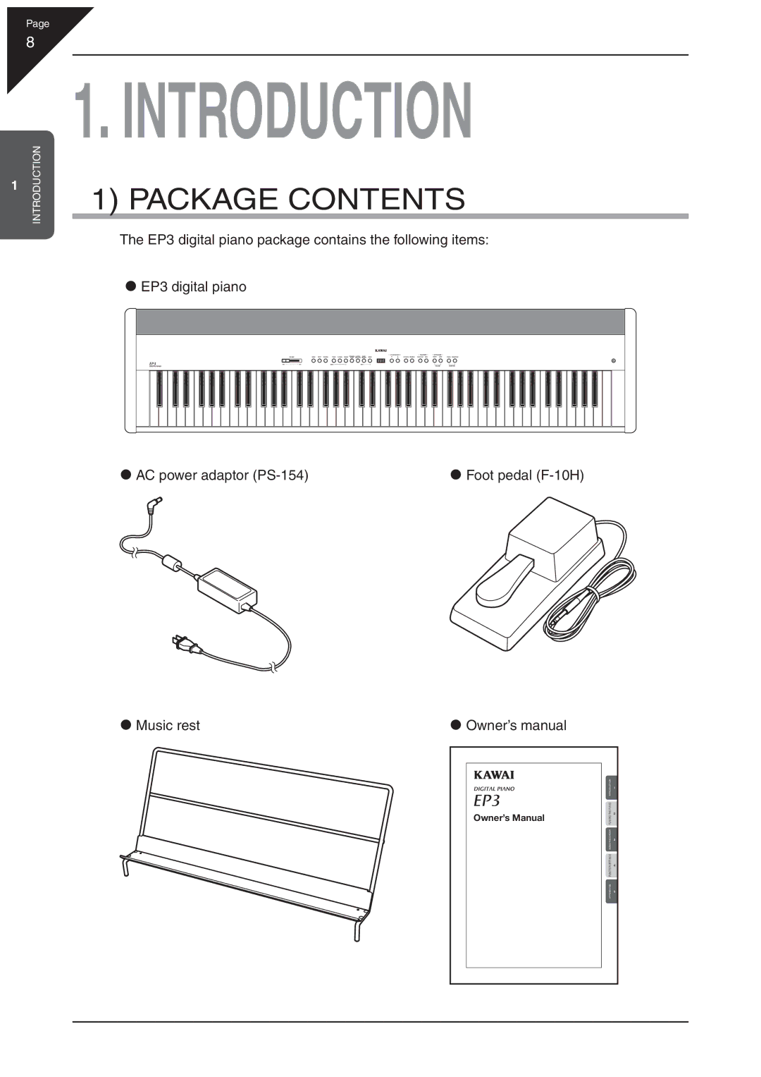 Kawai EP3 manual Introduction, Package Contents 