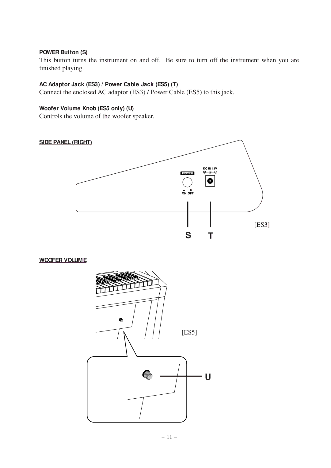 Kawai manual Power Button S, AC Adaptor Jack ES3 / Power Cable Jack ES5 T, Woofer Volume Knob ES5 only U 