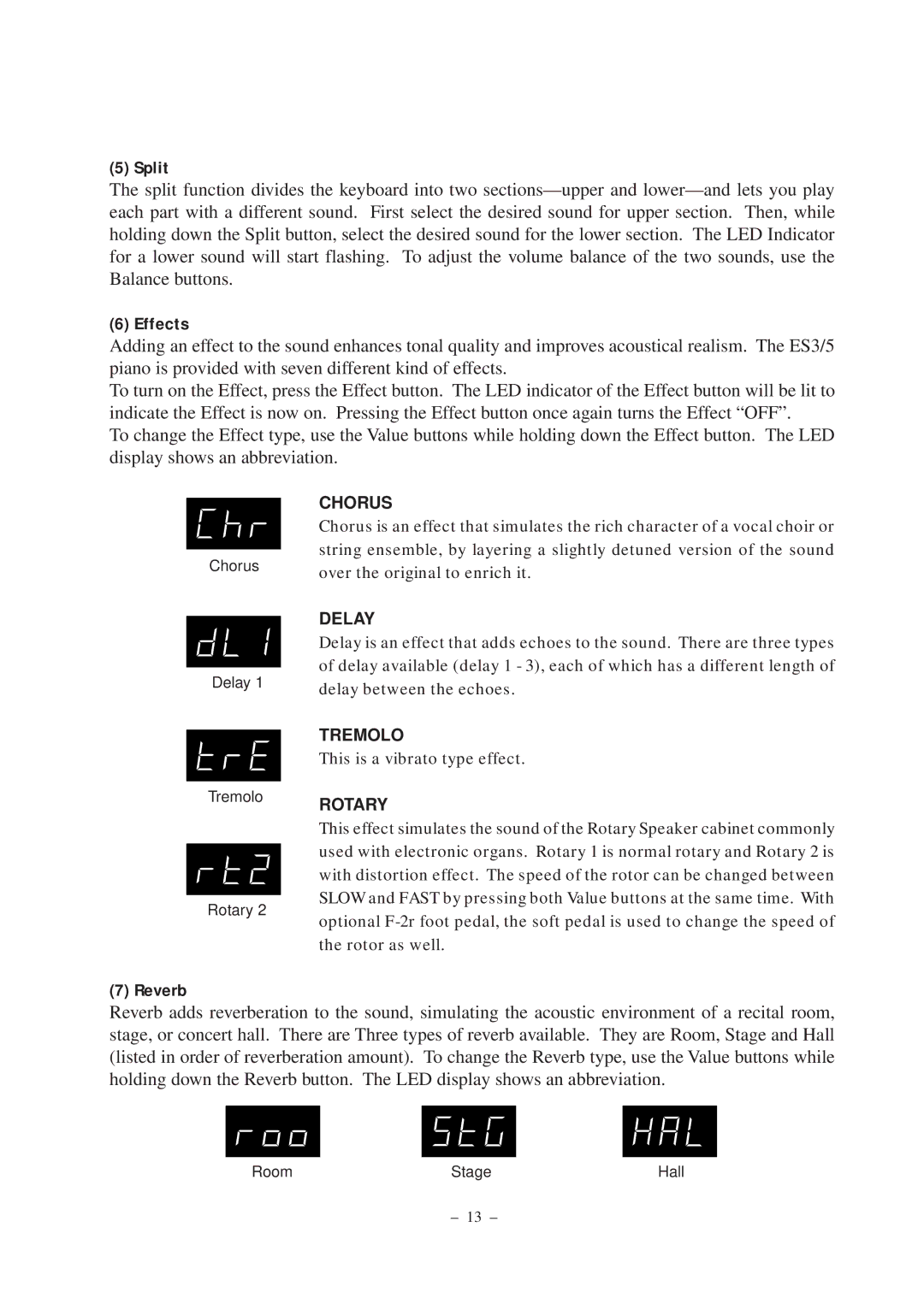 Kawai ES3, ES5 manual Split, Effects, Reverb 