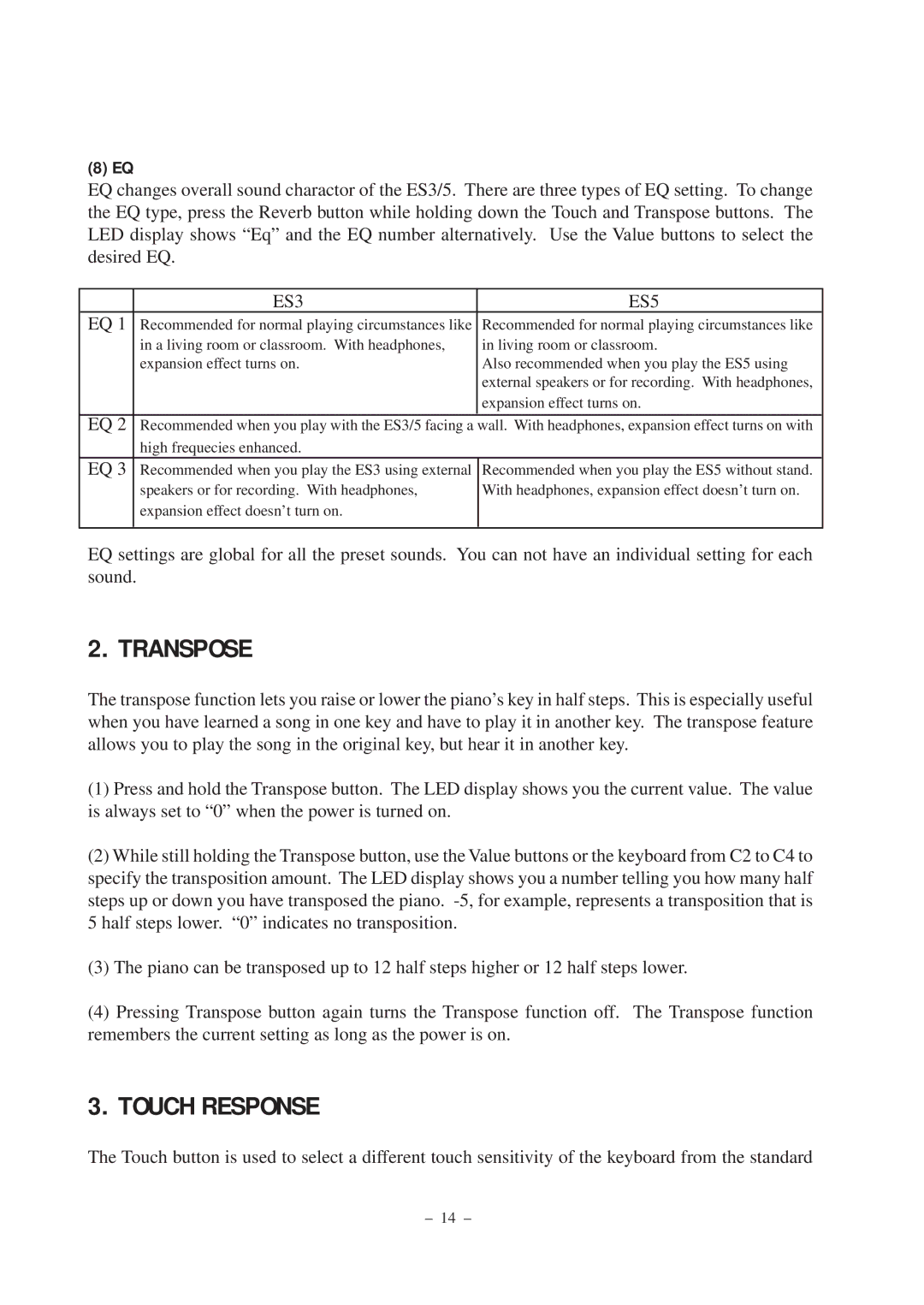 Kawai ES5, ES3 manual Transpose, Touch Response 