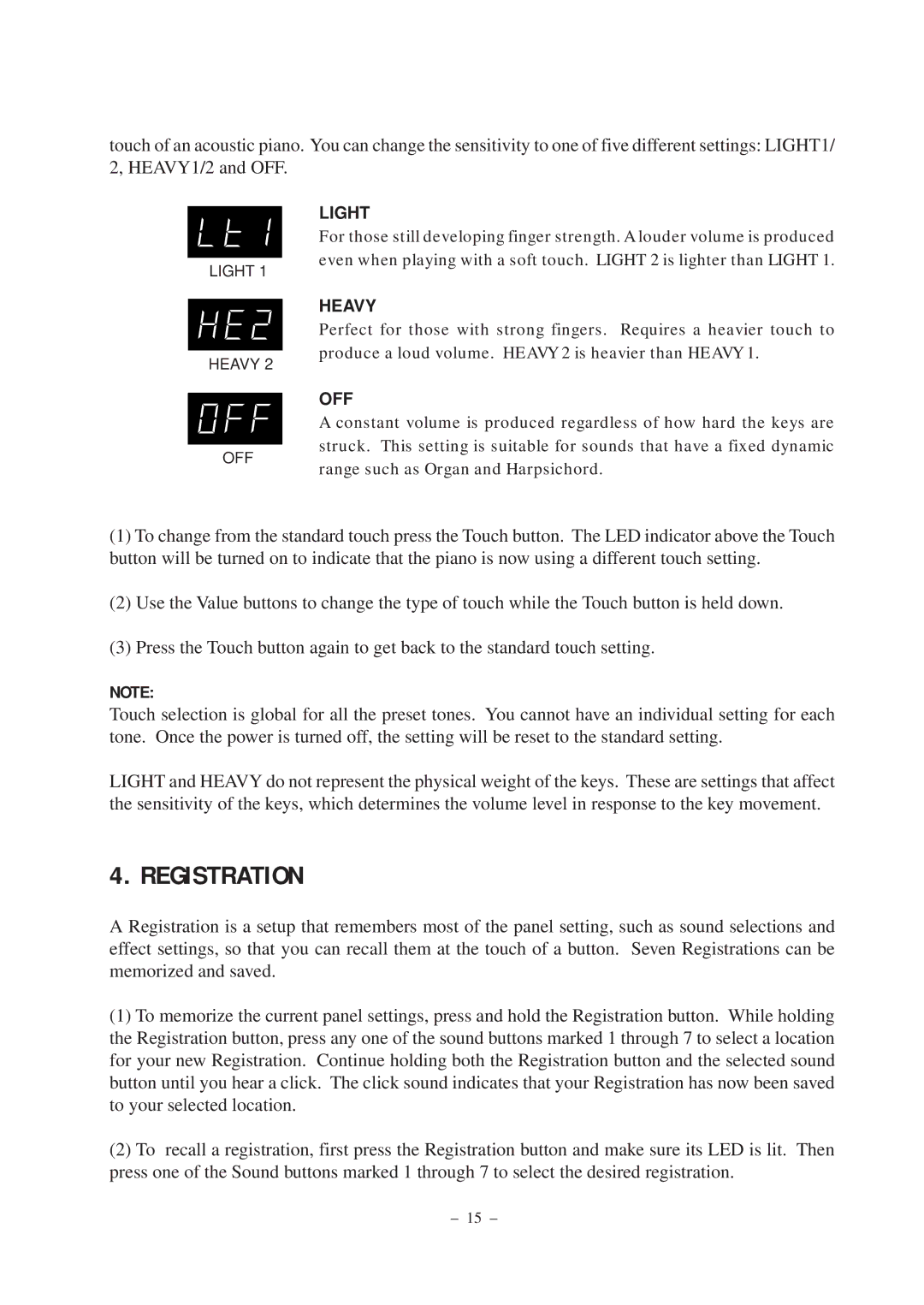 Kawai ES3, ES5 manual Registration, Light 