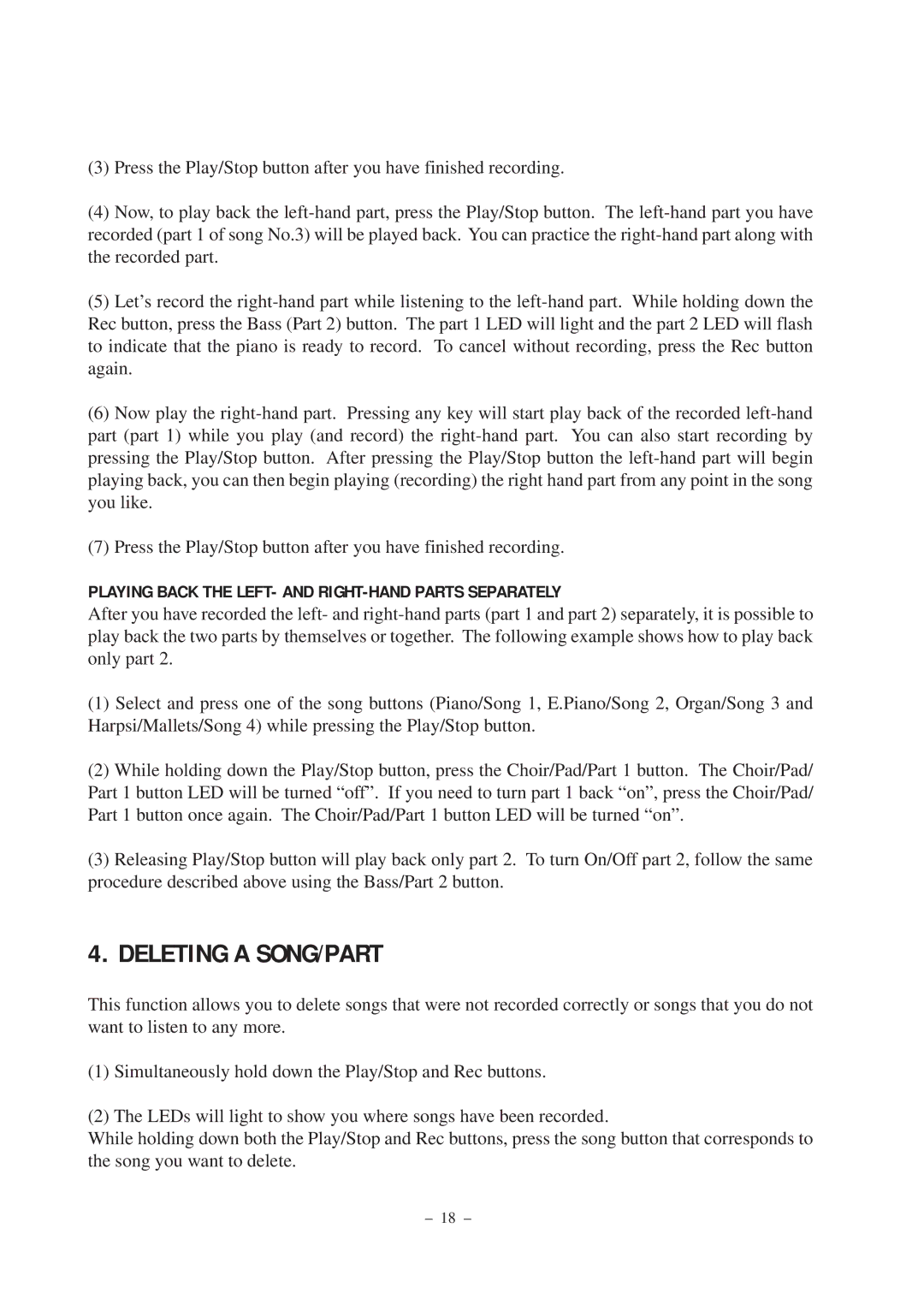 Kawai ES5, ES3 manual Deleting a SONG/PART, Playing Back the LEFT- and RIGHT-HAND Parts Separately 