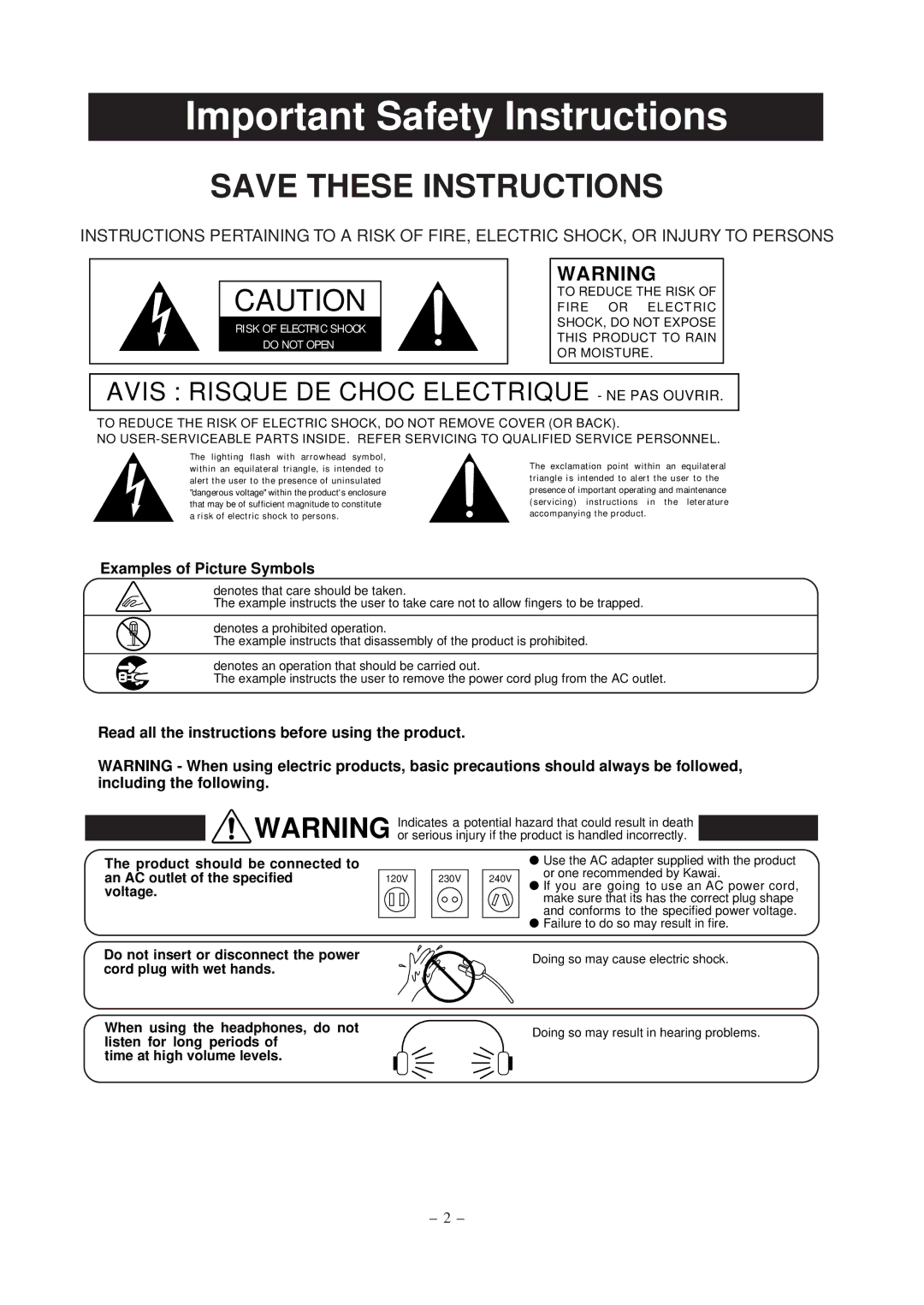 Kawai ES5, ES3 manual Important Safety Instructions 