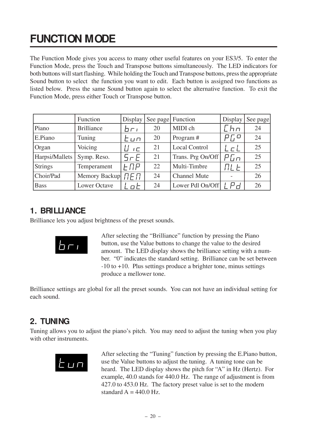 Kawai ES5, ES3 manual Function Mode, Brilliance, Tuning 