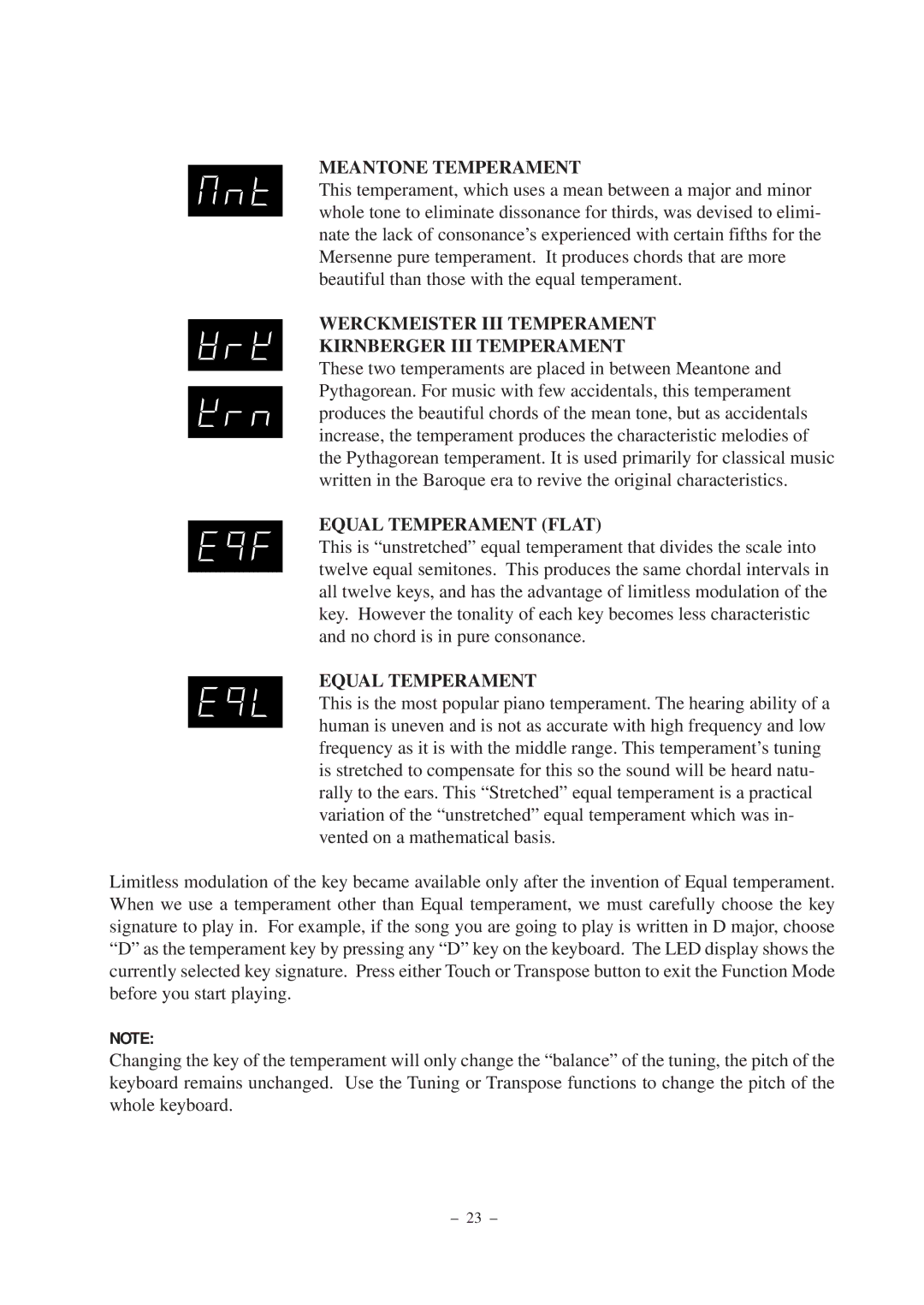 Kawai ES3, ES5 manual Meantone Temperament 