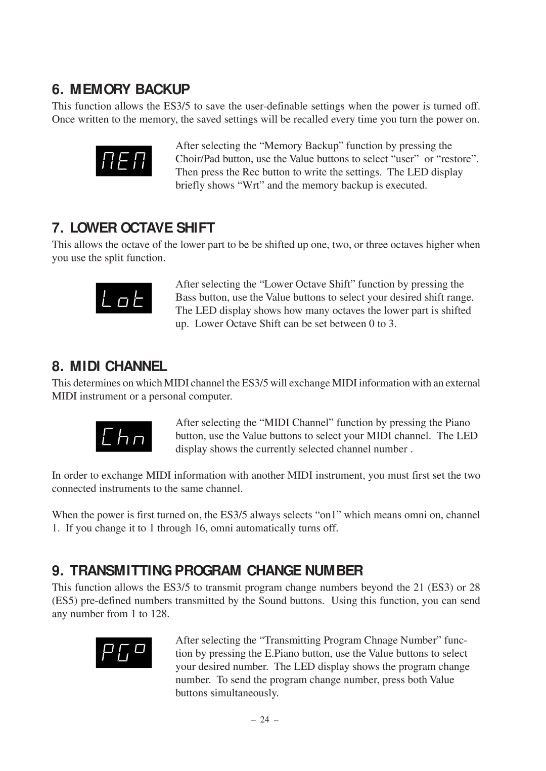 Kawai ES5, ES3 manual Memory Backup, Lower Octave Shift, Midi Channel, Transmitting Program Change Number 