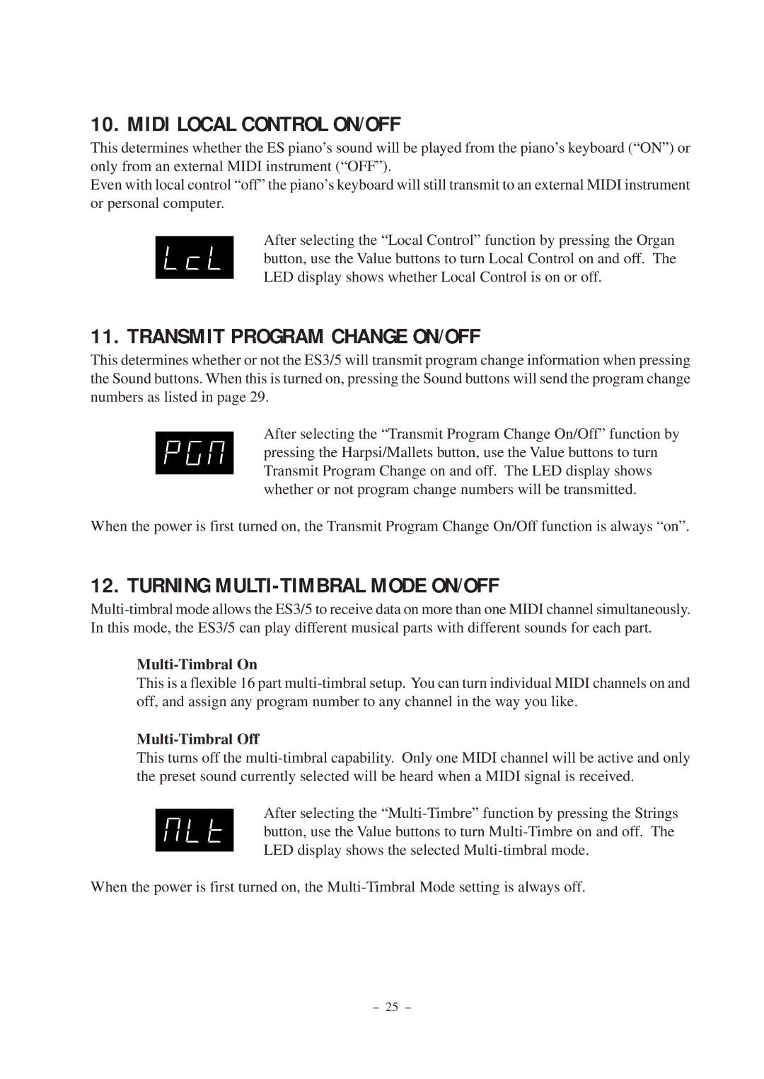 Kawai ES3, ES5 manual Midi Local Control ON/OFF, Transmit Program Change ON/OFF, Turning MULTI-TIMBRAL Mode ON/OFF 