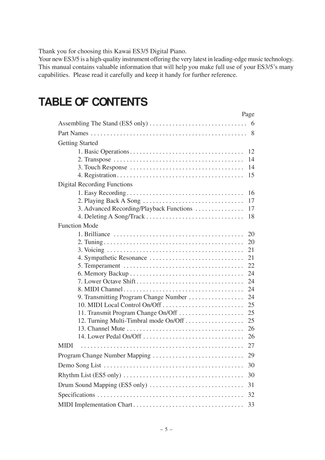 Kawai ES3, ES5 manual Table of Contents 