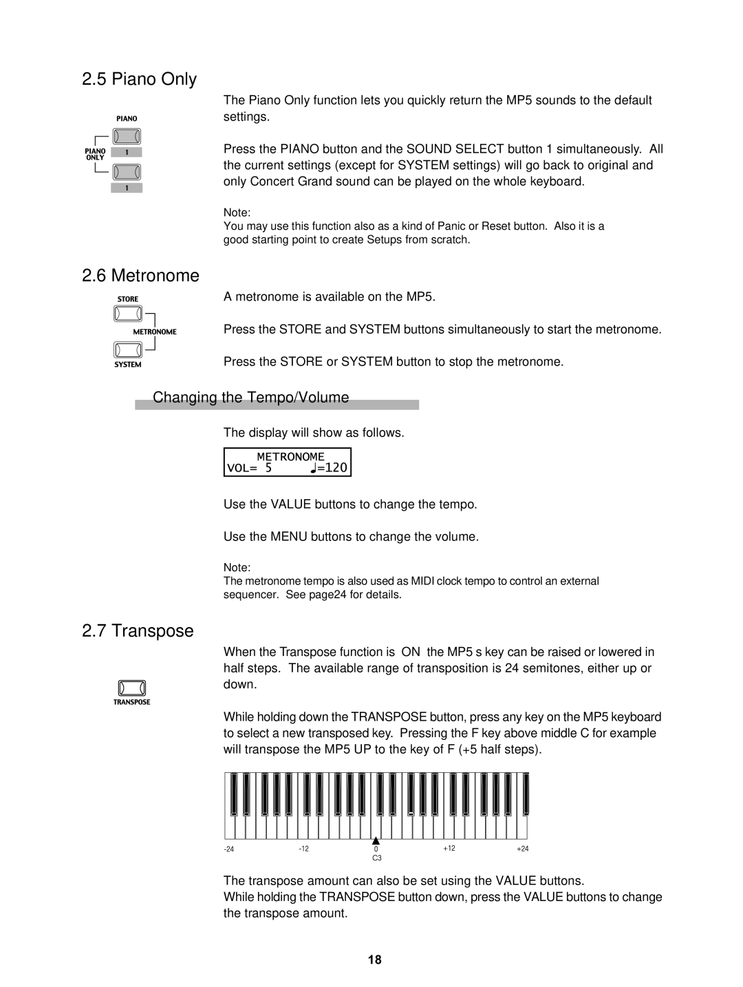 Kawai MP5 manual Piano Only, Metronome, Transpose, Changing the Tempo/Volume 