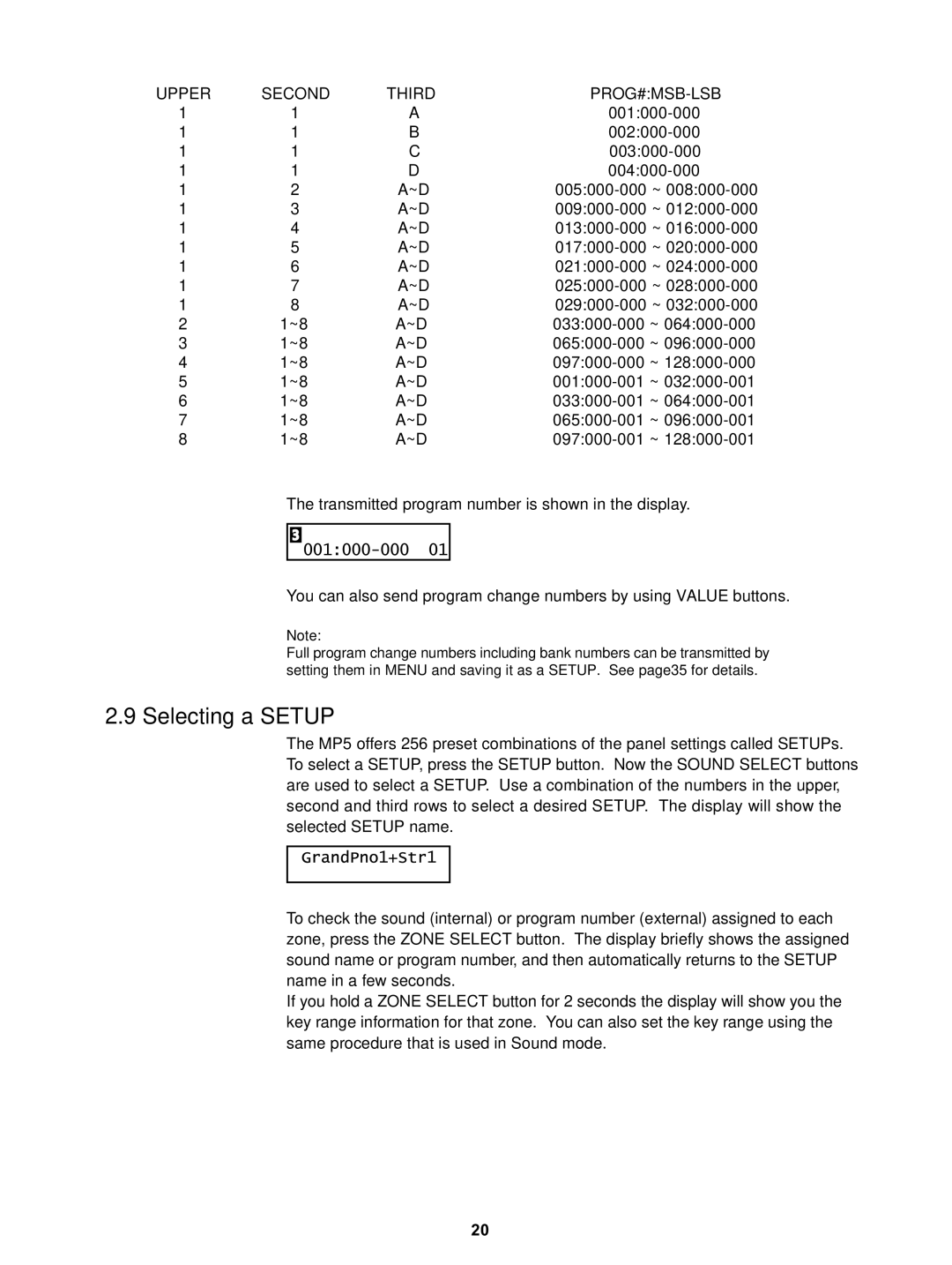 Kawai MP5 manual Selecting a Setup, Upper Second Third PROG#MSB-LSB 