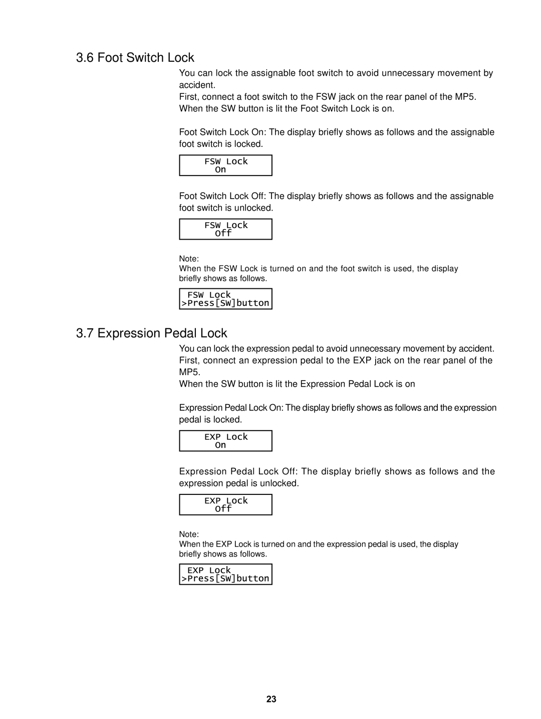 Kawai MP5 manual Foot Switch Lock, Expression Pedal Lock 