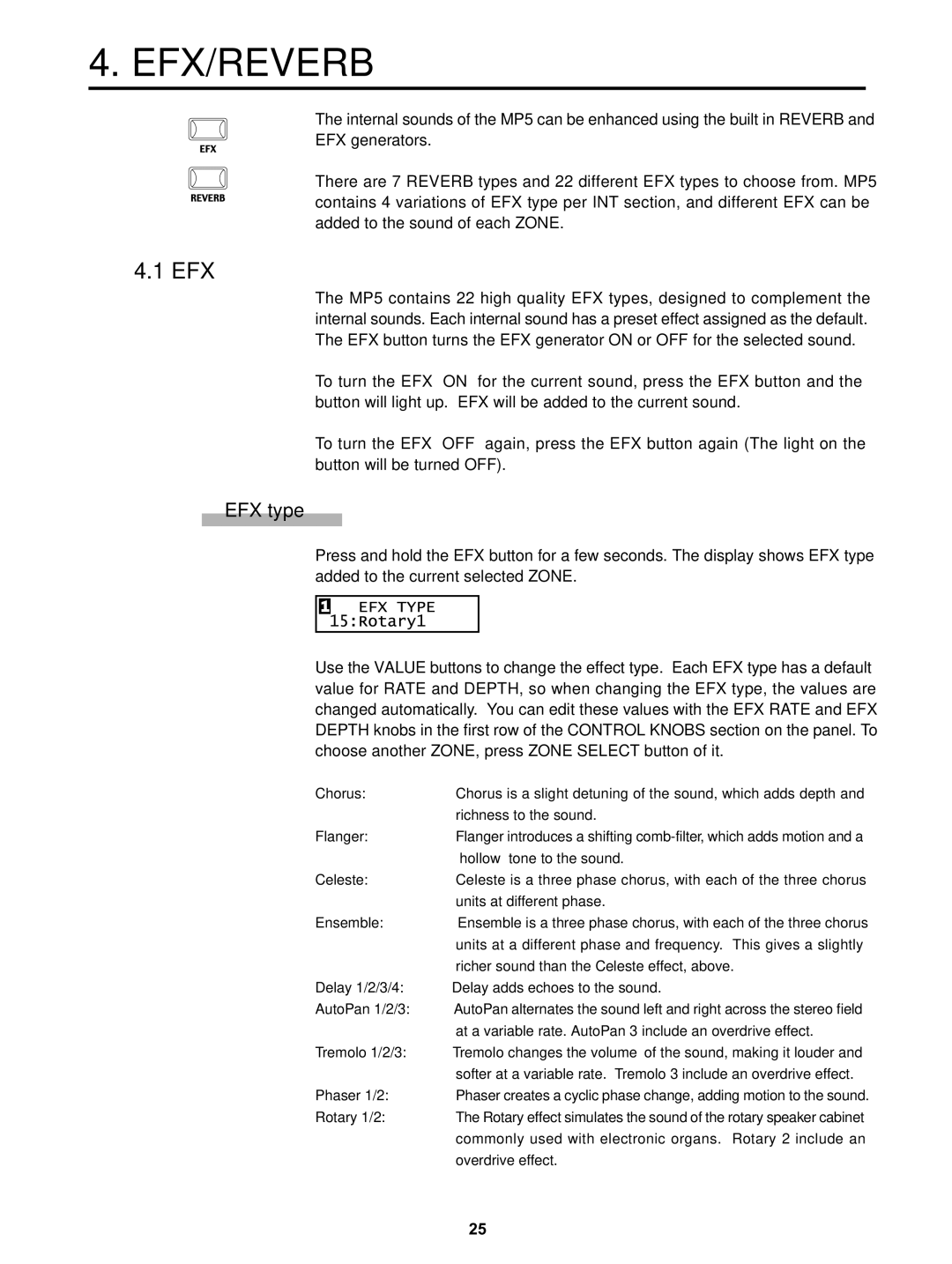 Kawai MP5 manual Efx/Reverb, EFX type 