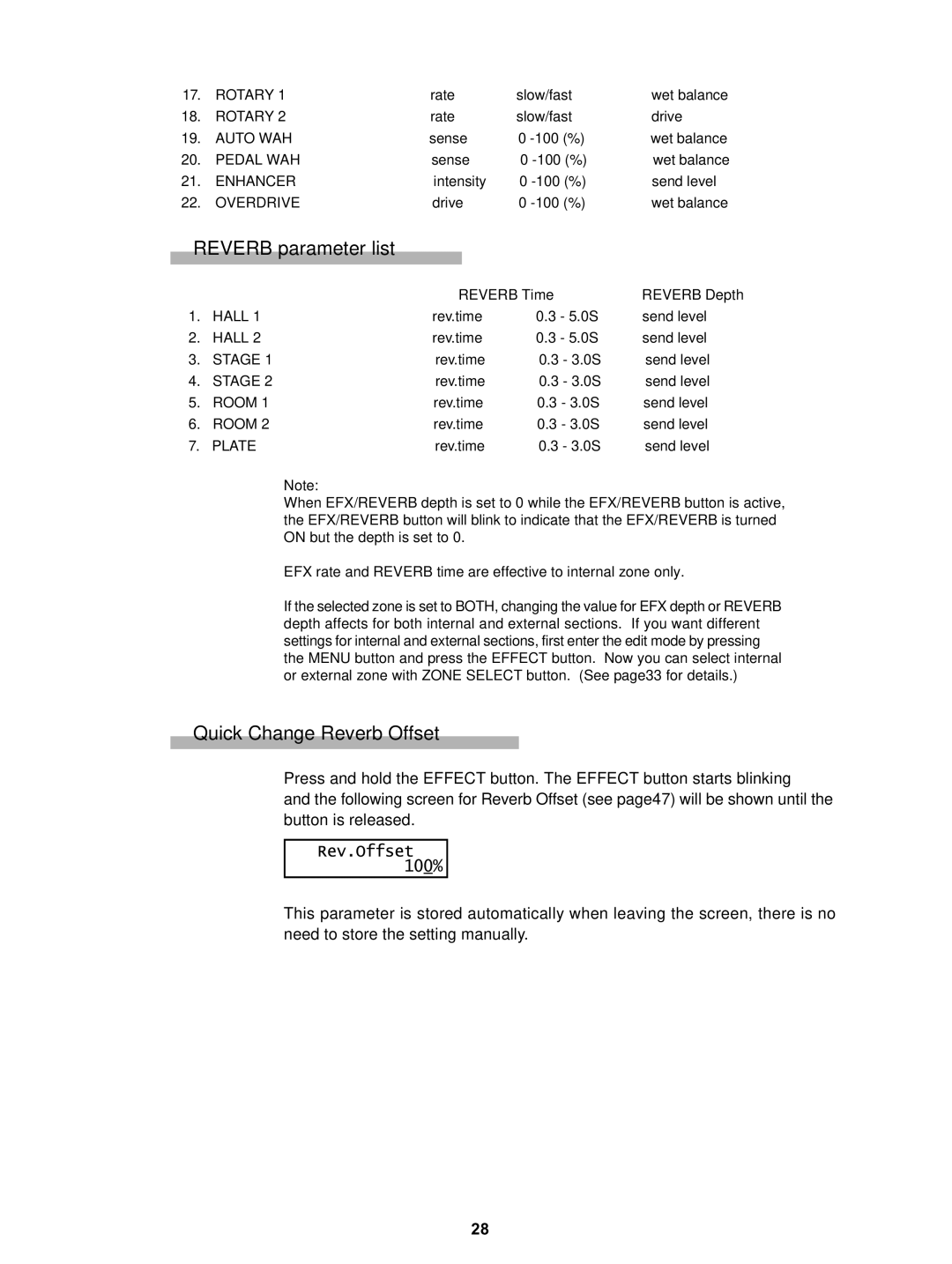 Kawai MP5 manual Reverb parameter list, Quick Change Reverb Offset 