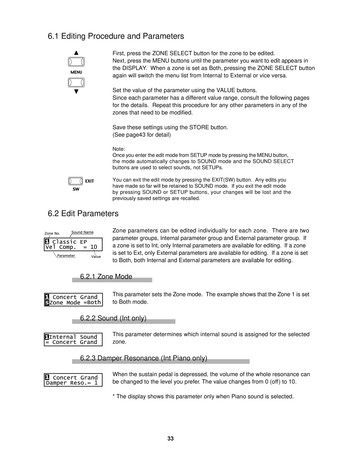 Kawai MP5 Editing Procedure and Parameters, Edit Parameters, Zone Mode, Sound Int only, Damper Resonance Int Piano only 