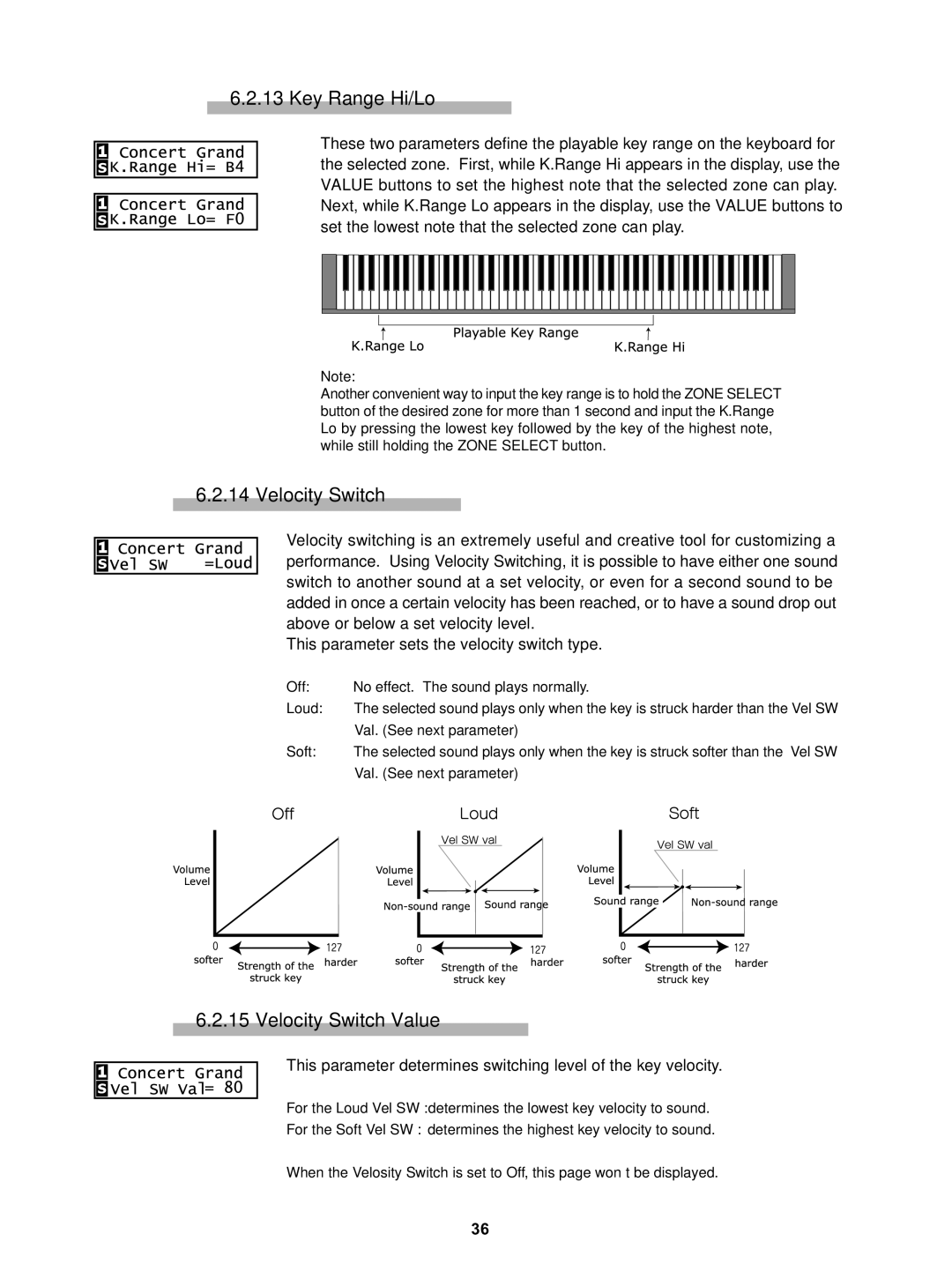 Kawai MP5 manual Key Range Hi/Lo, Velocity Switch Value 