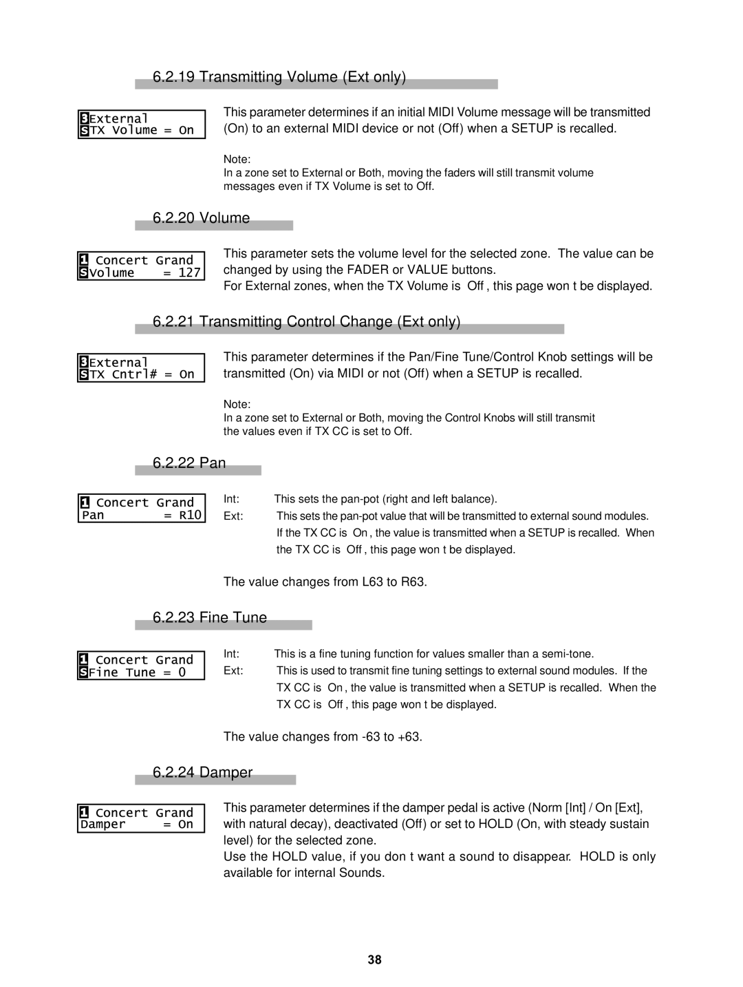 Kawai MP5 manual Transmitting Volume Ext only, Transmitting Control Change Ext only, 22 Pan, Fine Tune, Damper 