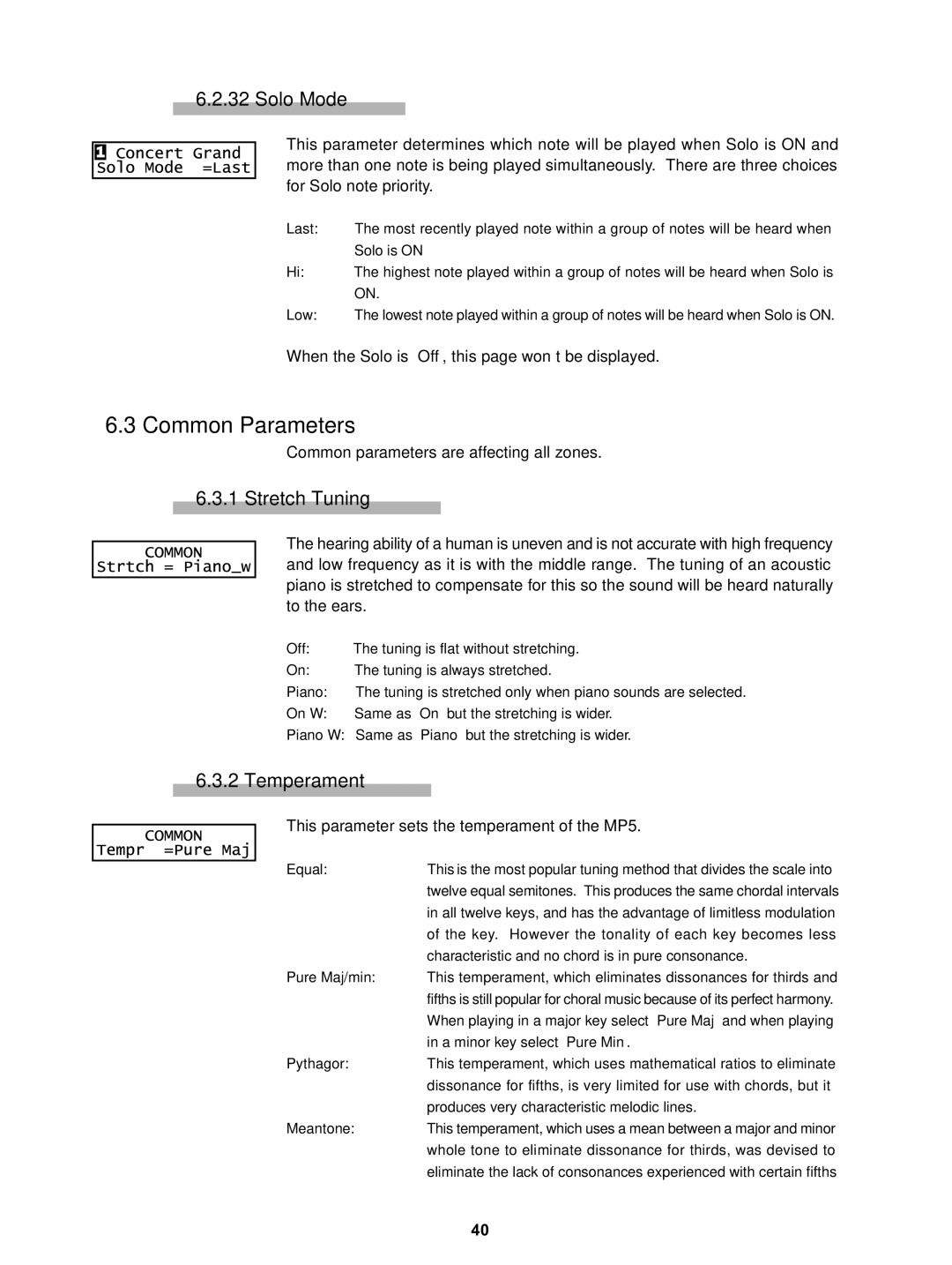 Kawai MP5 manual Common Parameters, Solo Mode, Stretch Tuning, Temperament 