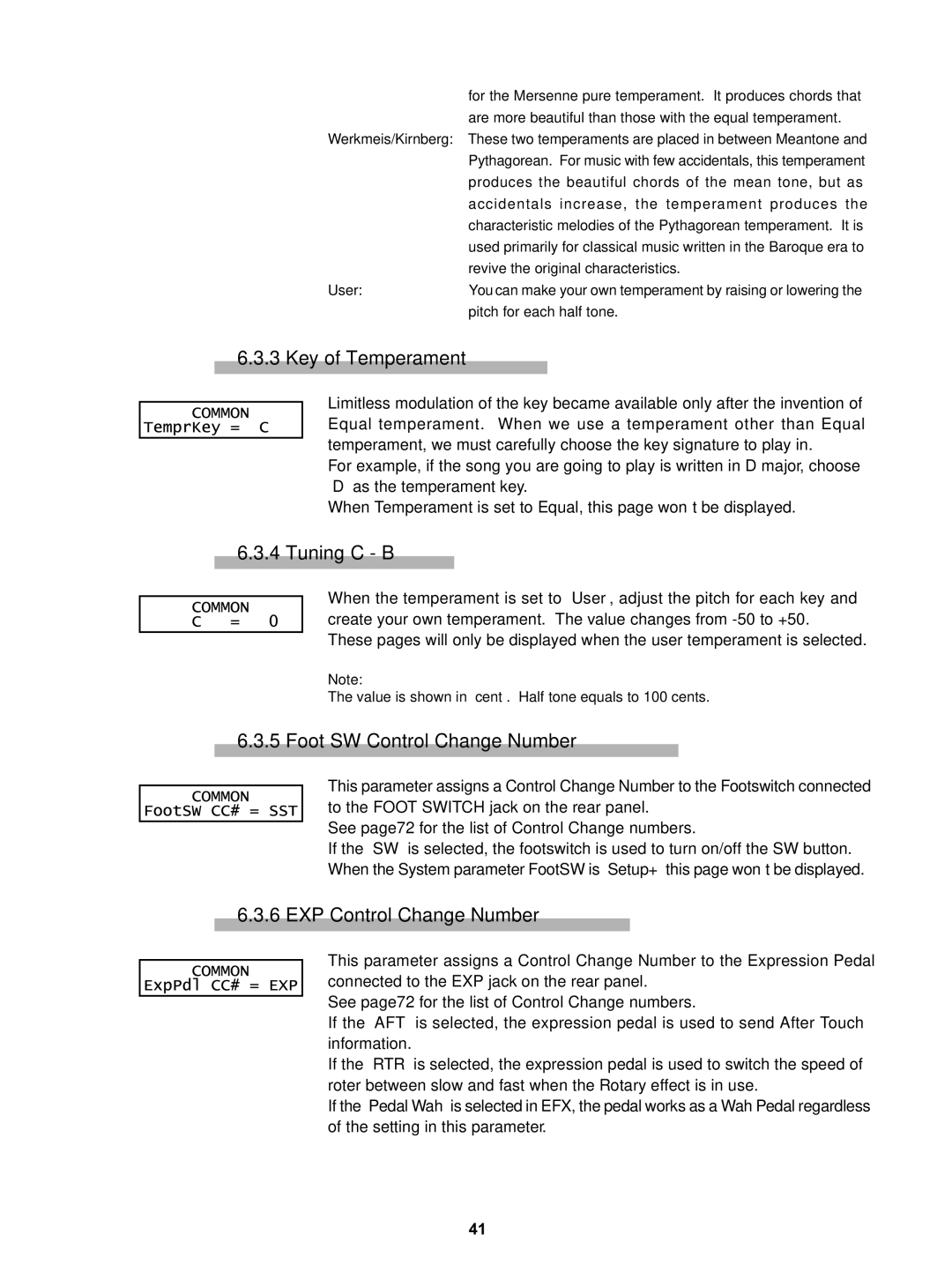 Kawai MP5 manual Key of Temperament, Tuning C B, Foot SW Control Change Number, EXP Control Change Number 