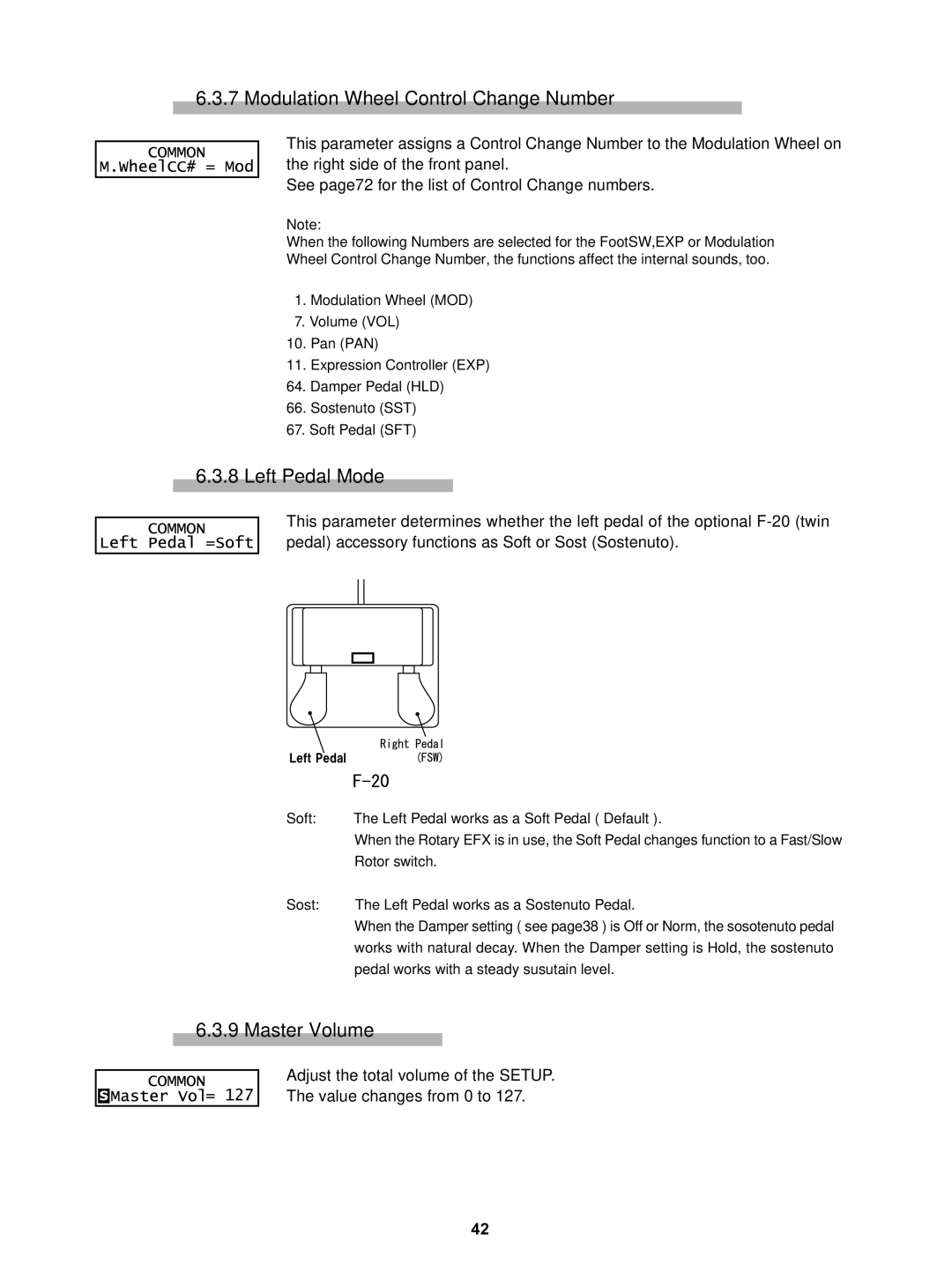 Kawai MP5 manual Modulation Wheel Control Change Number, Left Pedal Mode, Master Volume 