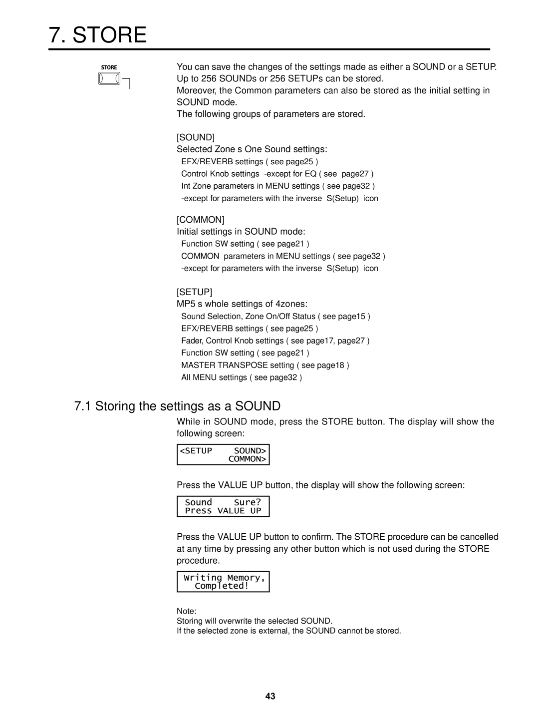 Kawai MP5 manual Store, Storing the settings as a Sound, EFX/REVERB settings see page25, Function SW setting see page21 