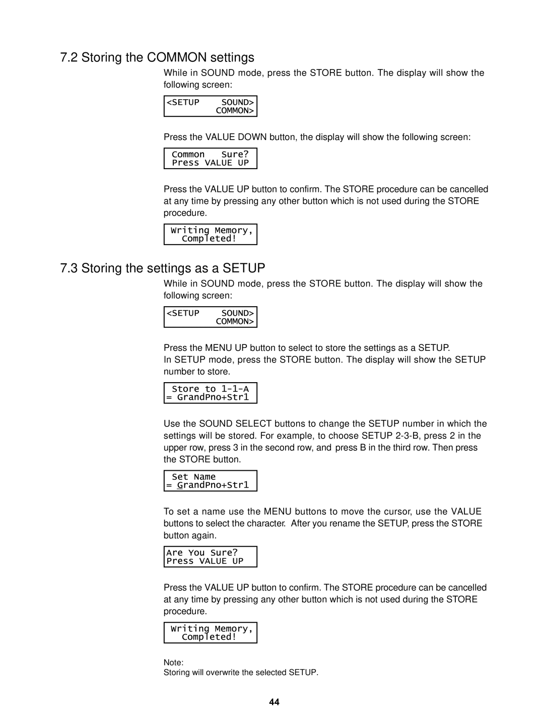 Kawai MP5 manual Storing the Common settings, Storing the settings as a Setup 