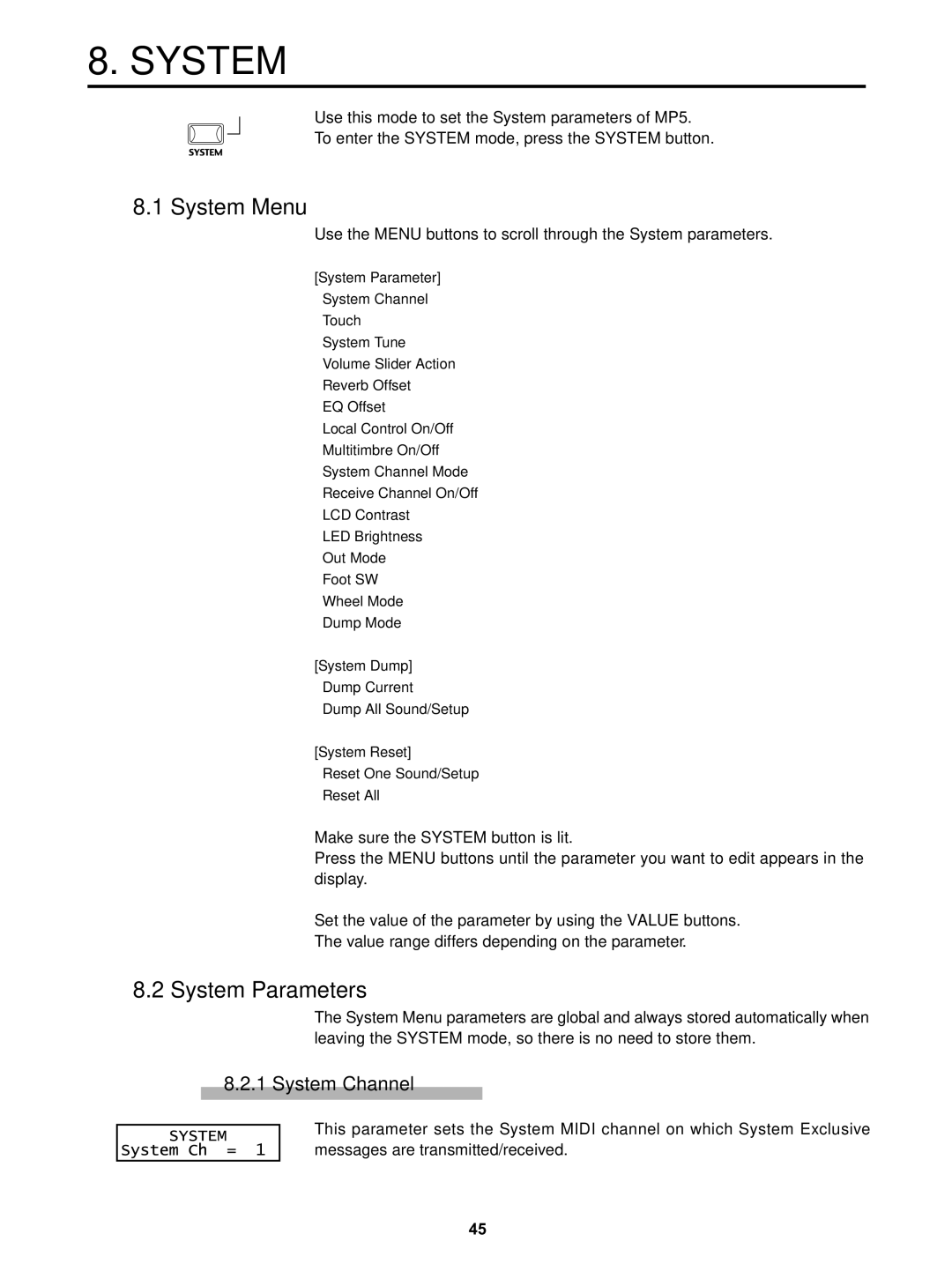 Kawai MP5 manual System Menu, System Parameters, System Channel 