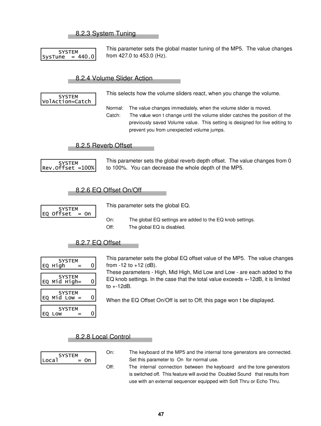 Kawai MP5 manual System Tuning, Volume Slider Action, Reverb Offset, EQ Offset On/Off, Local Control 