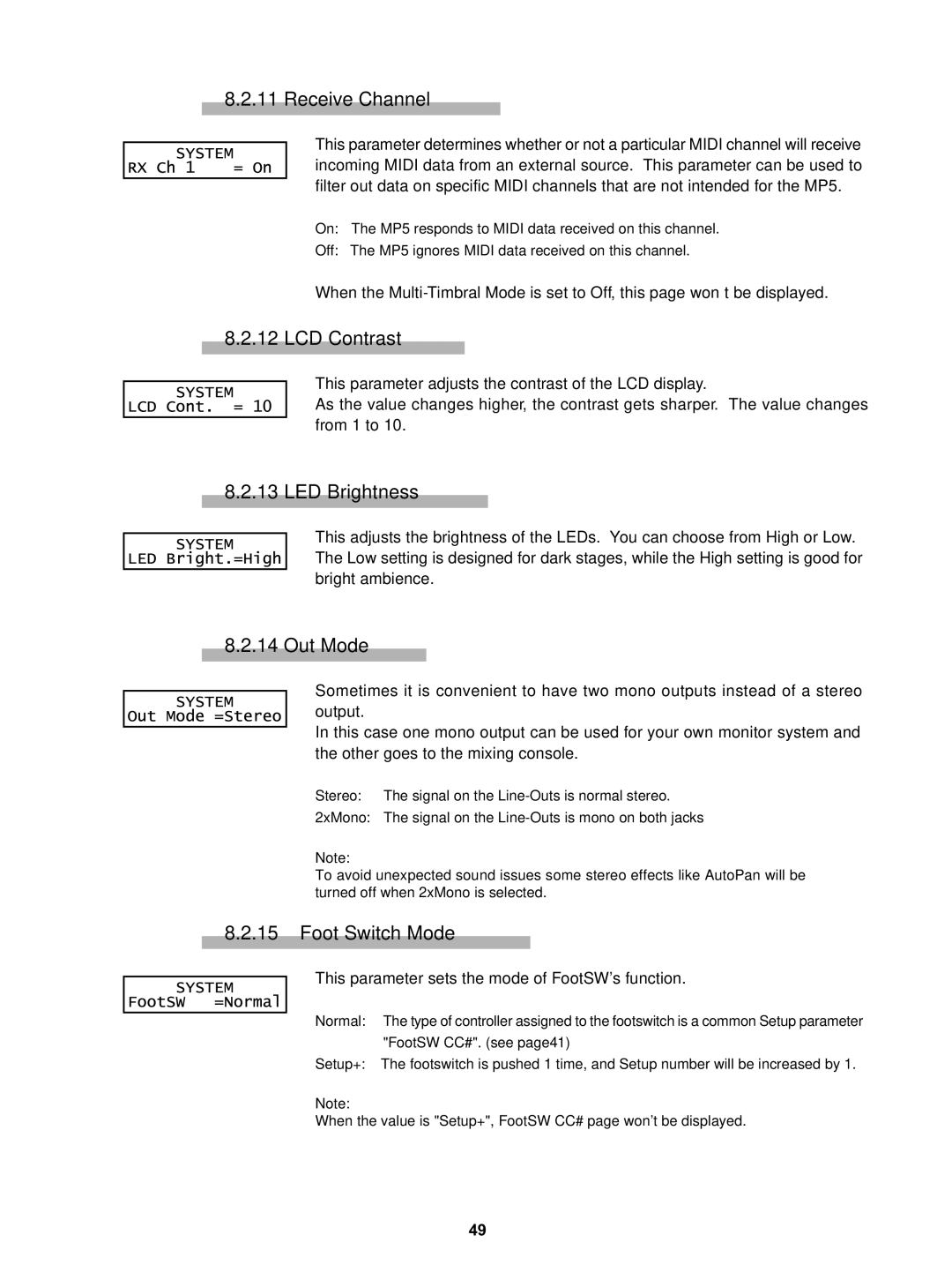 Kawai MP5 manual Receive Channel, LCD Contrast, LED Brightness, Out Mode, Foot Switch Mode 