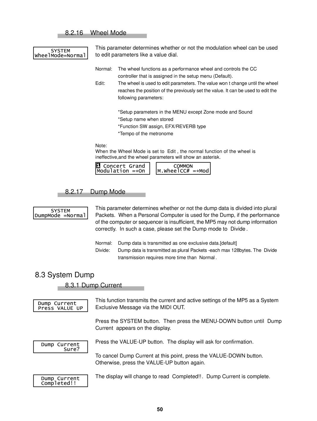 Kawai MP5 manual System Dump, Wheel Mode, Dump Mode, Dump Current 