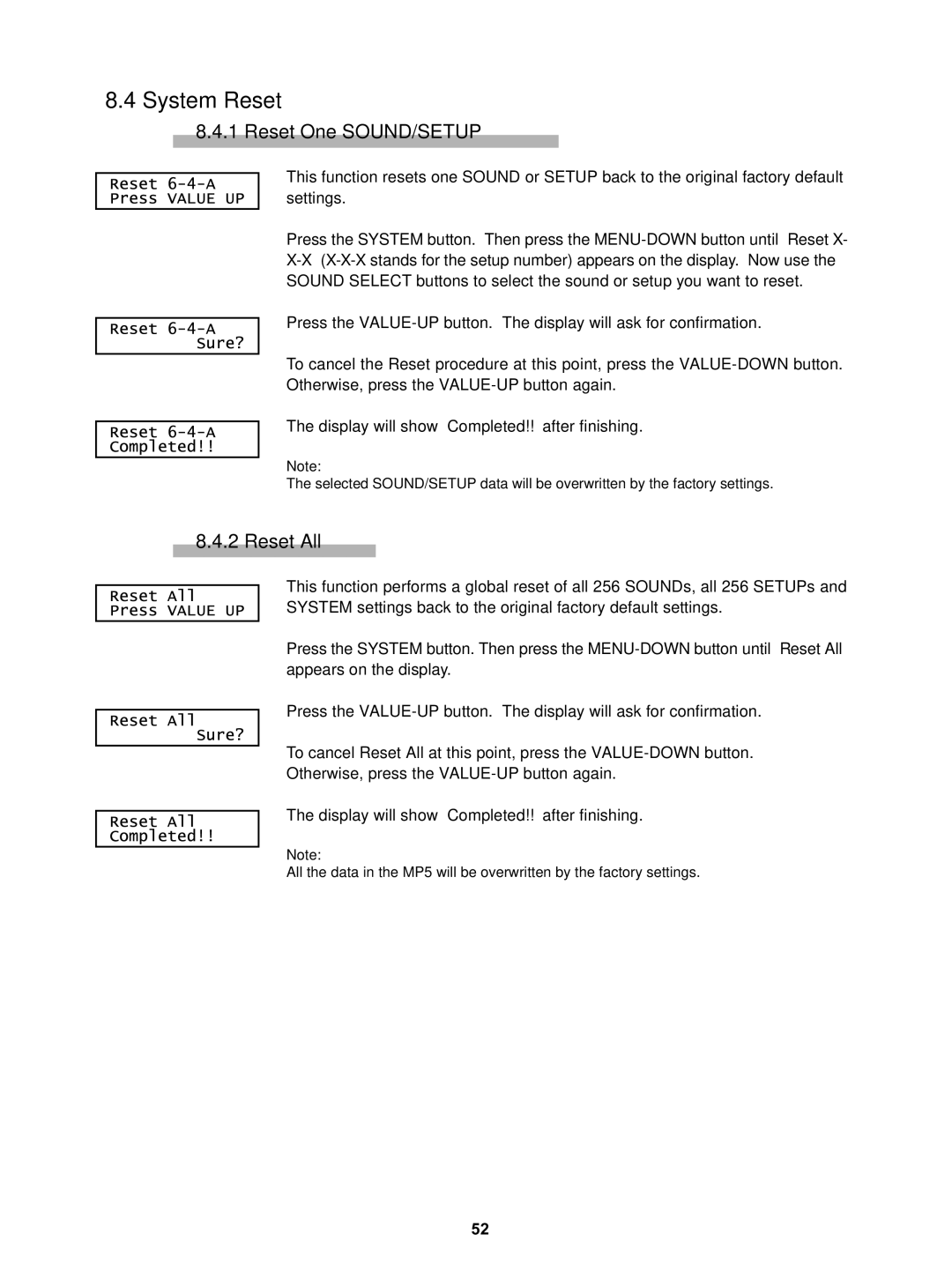 Kawai MP5 manual System Reset, Reset One SOUND/SETUP, Reset All 