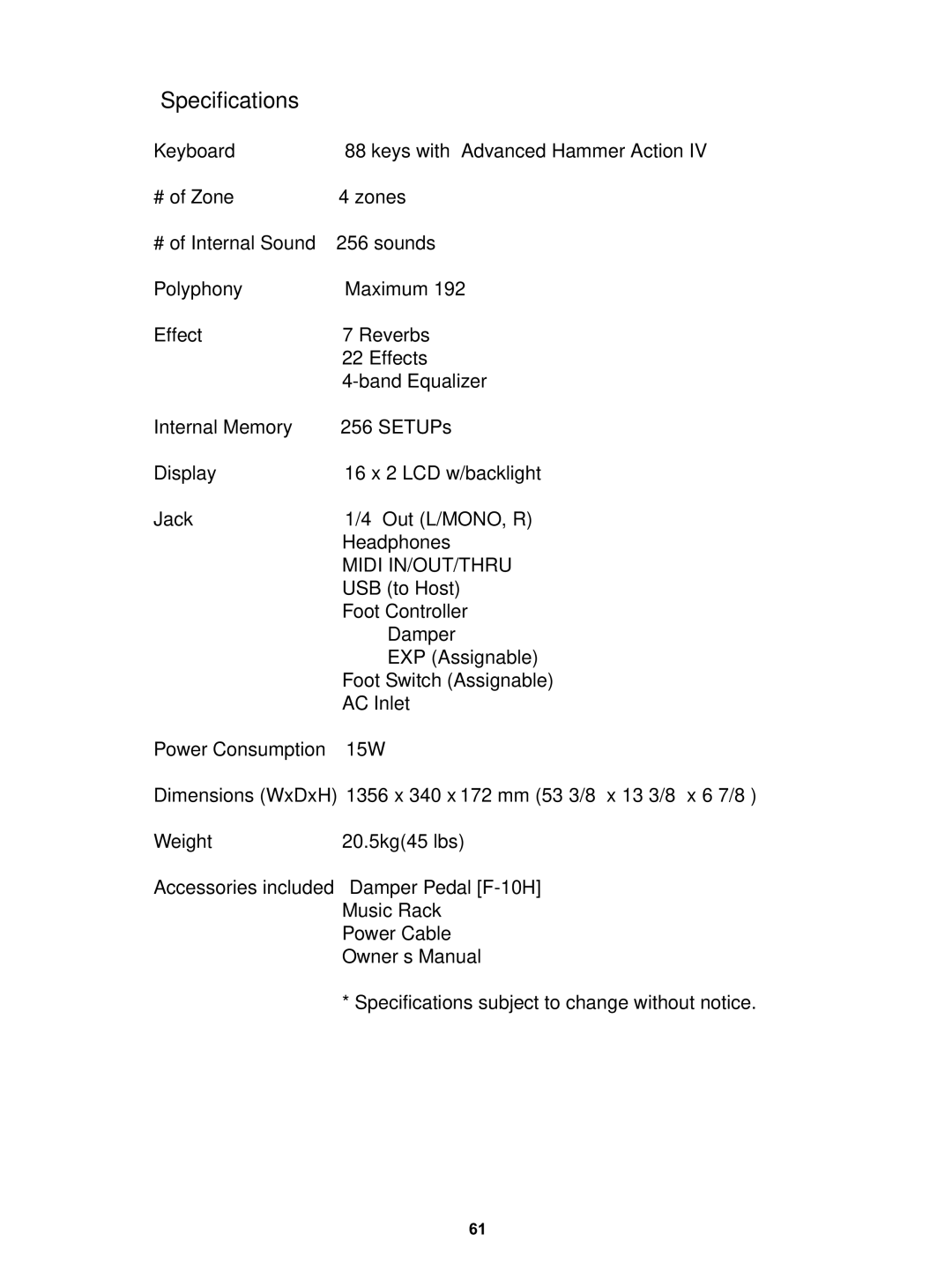 Kawai MP5 manual Specifications, Midi IN/OUT/THRU 