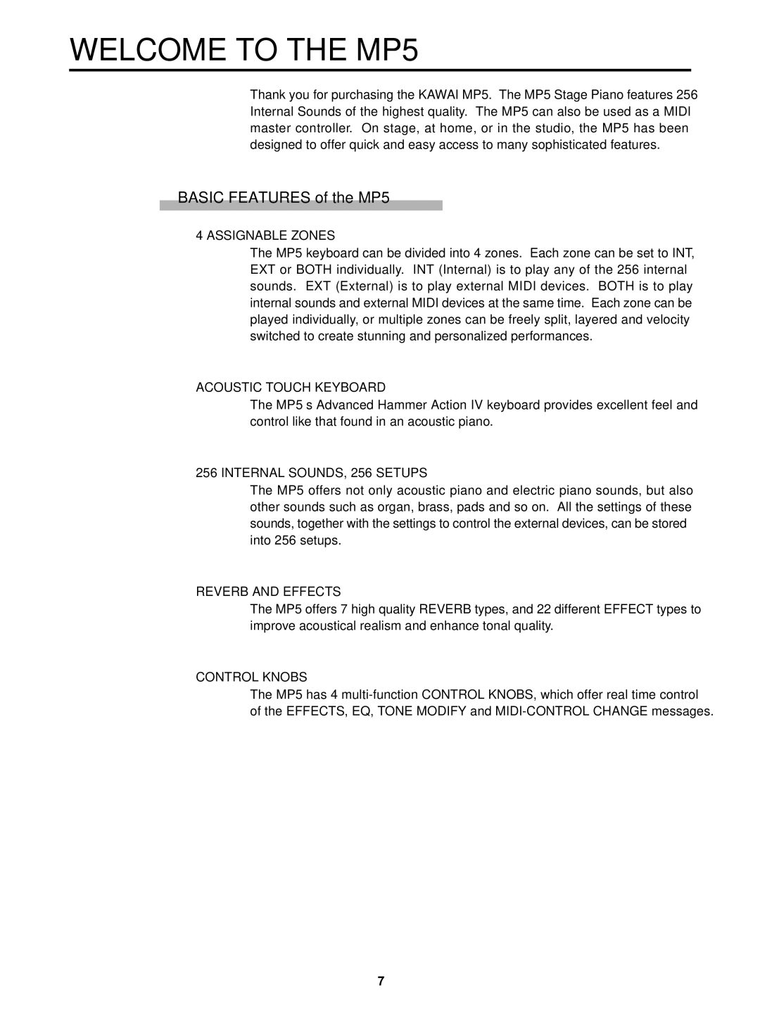 Kawai manual Welcome to the MP5, Basic Features of the MP5 