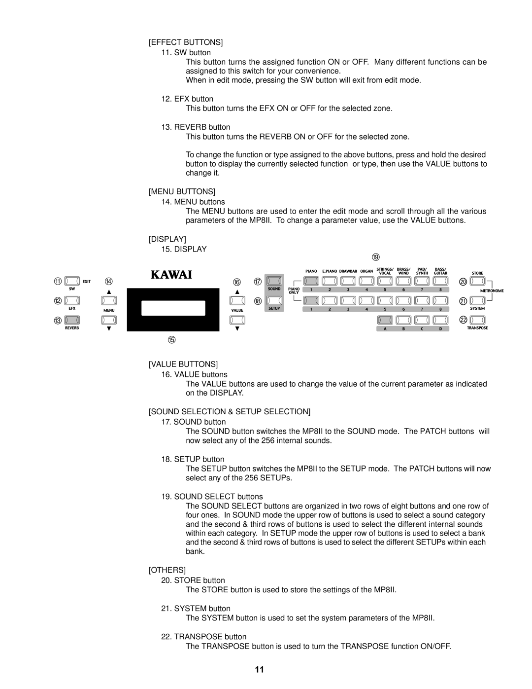 Kawai MP8II manual Effect Buttons, Menu buttons 