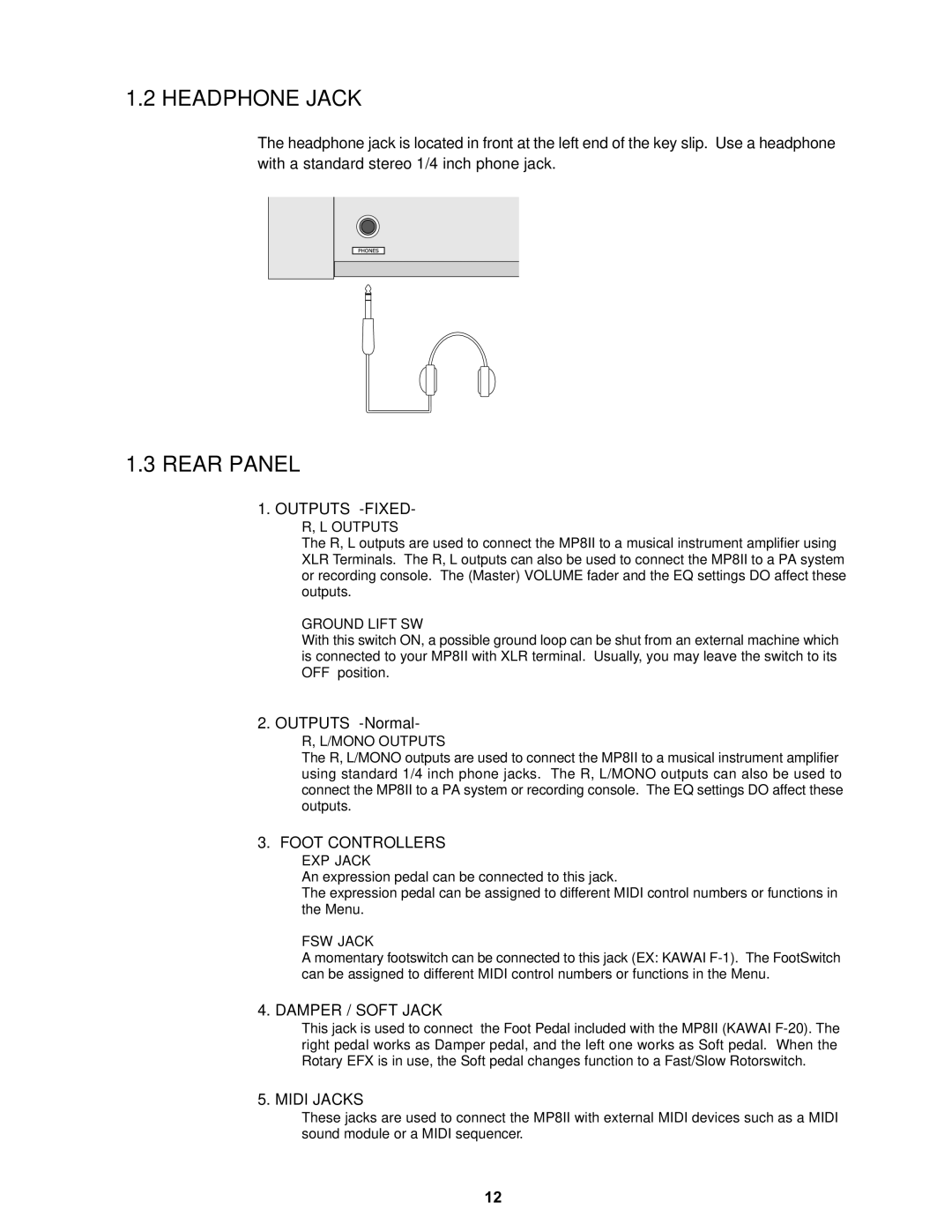 Kawai MP8II manual Headphone Jack 