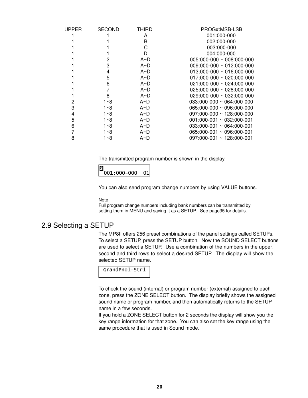 Kawai MP8II manual Selecting a Setup, Upper Second Third PROG#MSB-LSB 