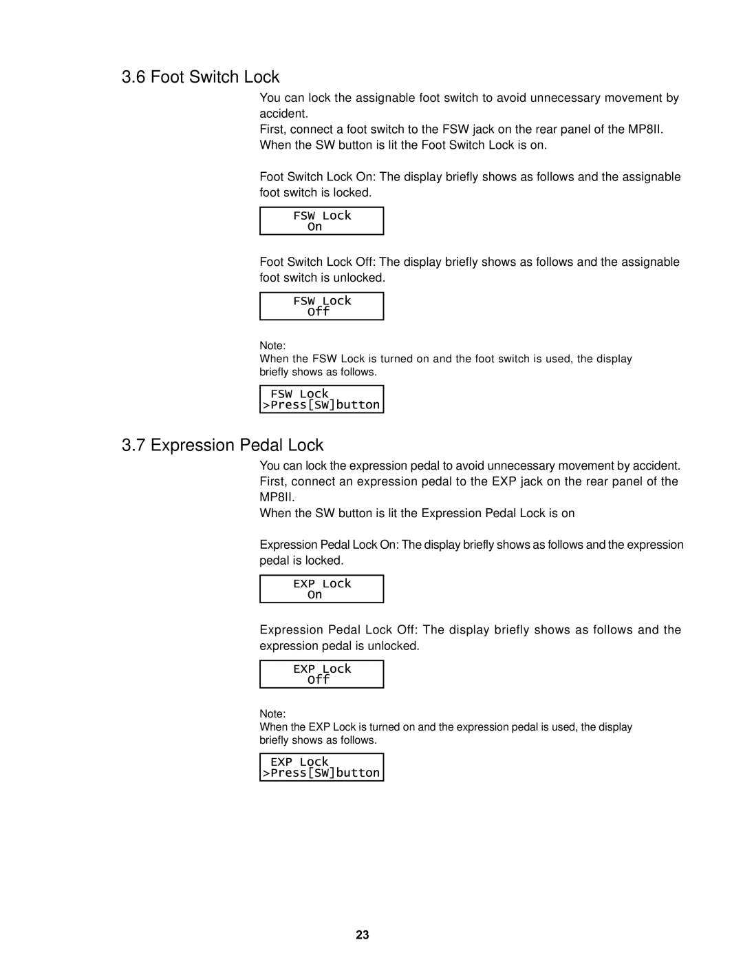 Kawai MP8II manual Foot Switch Lock, Expression Pedal Lock 