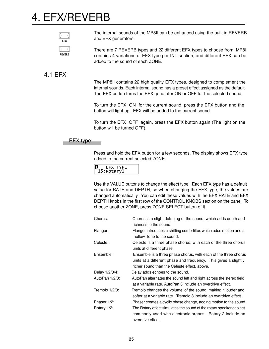 Kawai MP8II manual Efx/Reverb, EFX type 