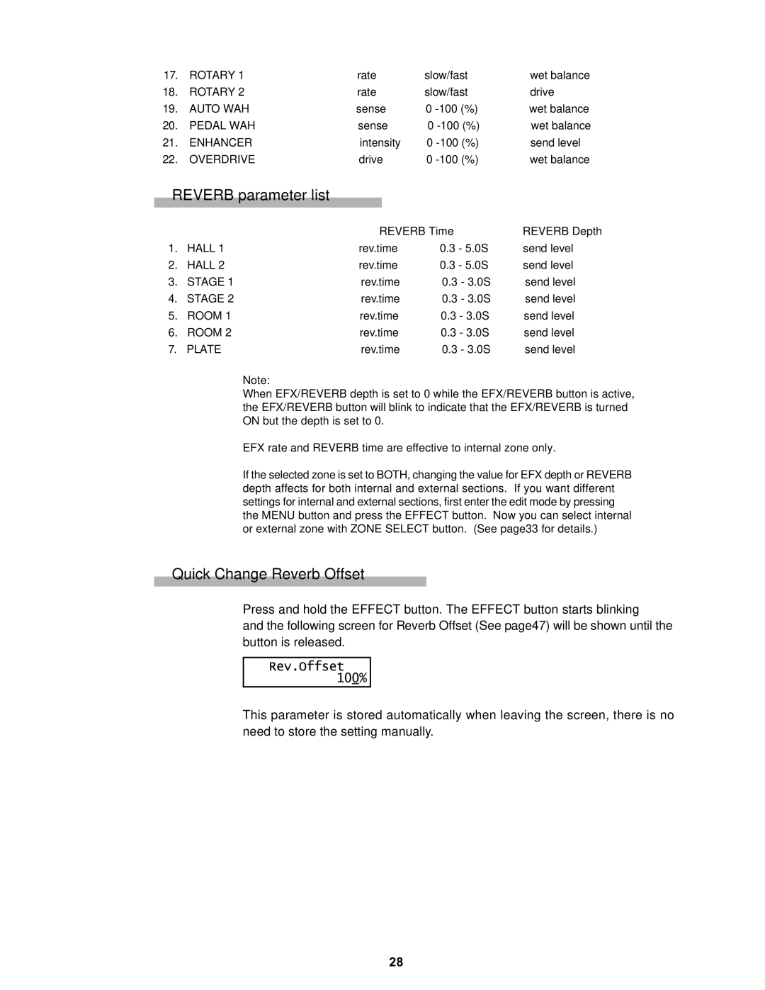 Kawai MP8II manual Reverb parameter list, Quick Change Reverb Offset 