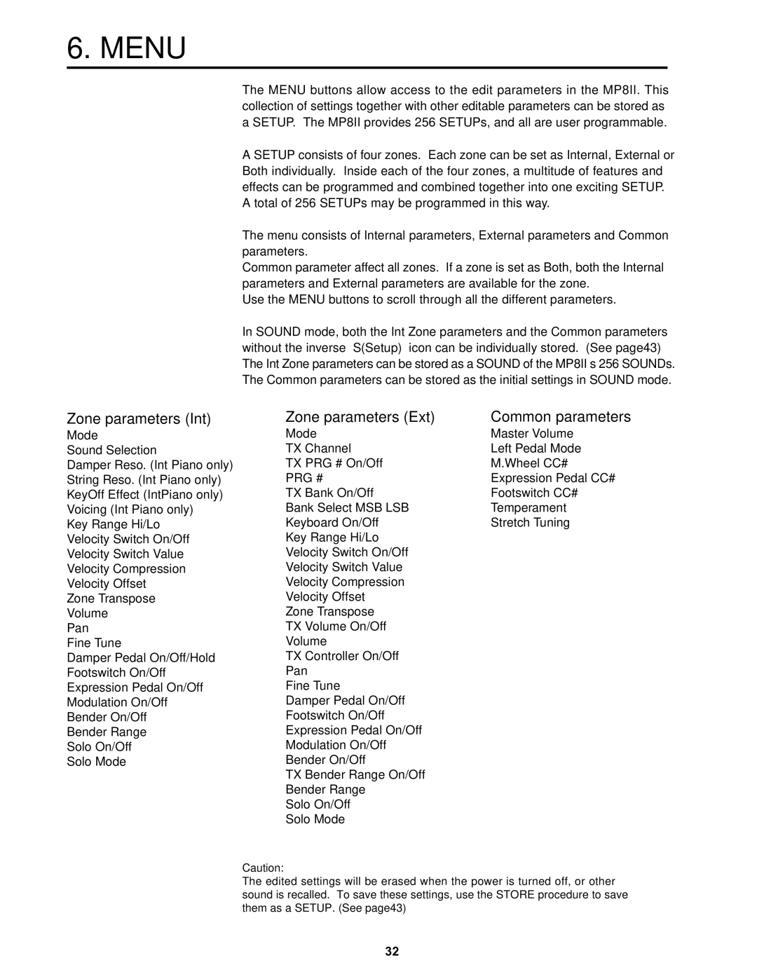 Kawai MP8II manual Menu, Zone parameters Int, Zone parameters Ext Common parameters 