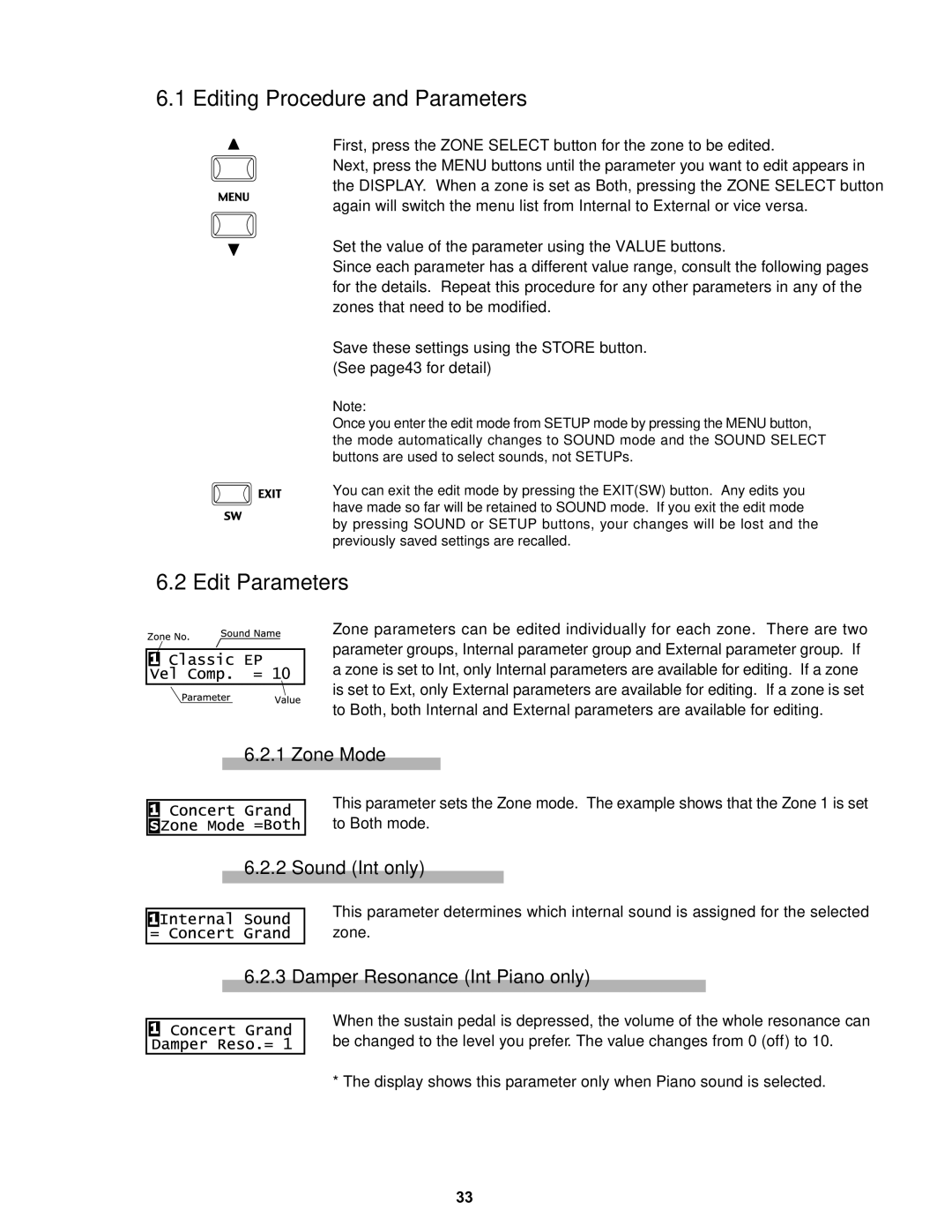 Kawai MP8II Editing Procedure and Parameters, Edit Parameters, Zone Mode, Sound Int only, Damper Resonance Int Piano only 