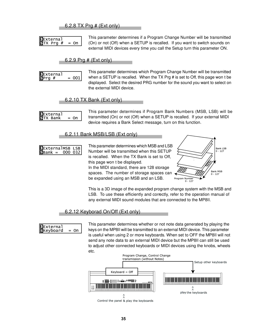 Kawai MP8II manual TX Prg # Ext only, TX Bank Ext only, Bank MSB/LSB Ext only, Keyborad On/Off Ext only 