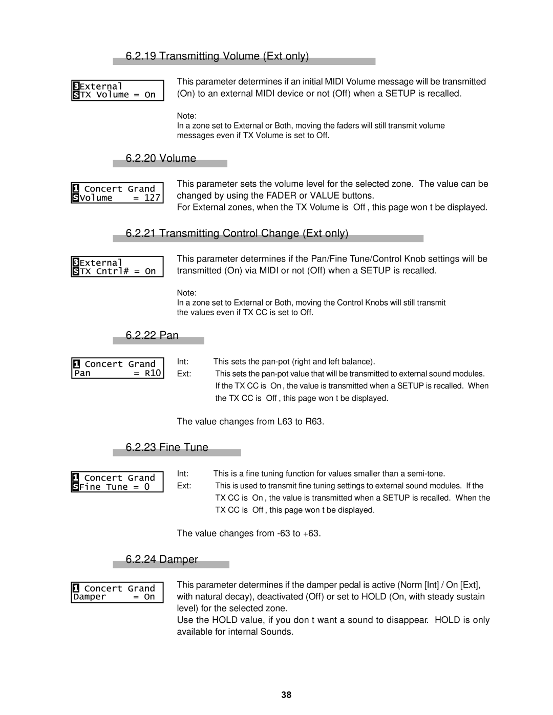 Kawai MP8II manual Transmitting Volume Ext only, Transmitting Control Change Ext only, 22 Pan, Fine Tune, Damper 