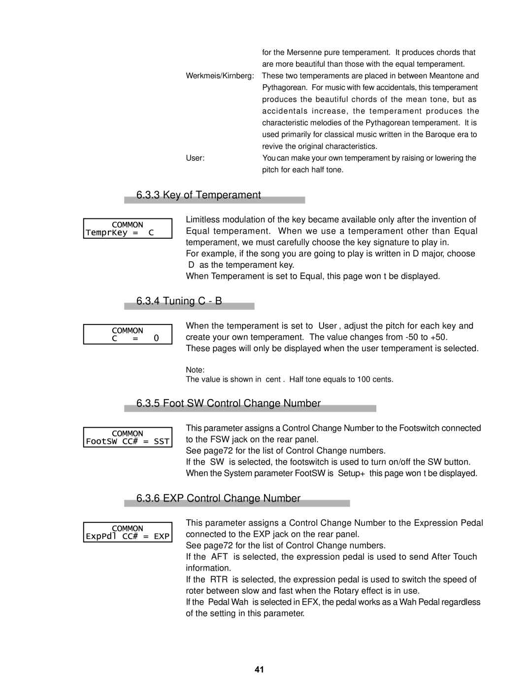 Kawai MP8II manual Key of Temperament, Tuning C B, Foot SW Control Change Number, EXP Control Change Number 