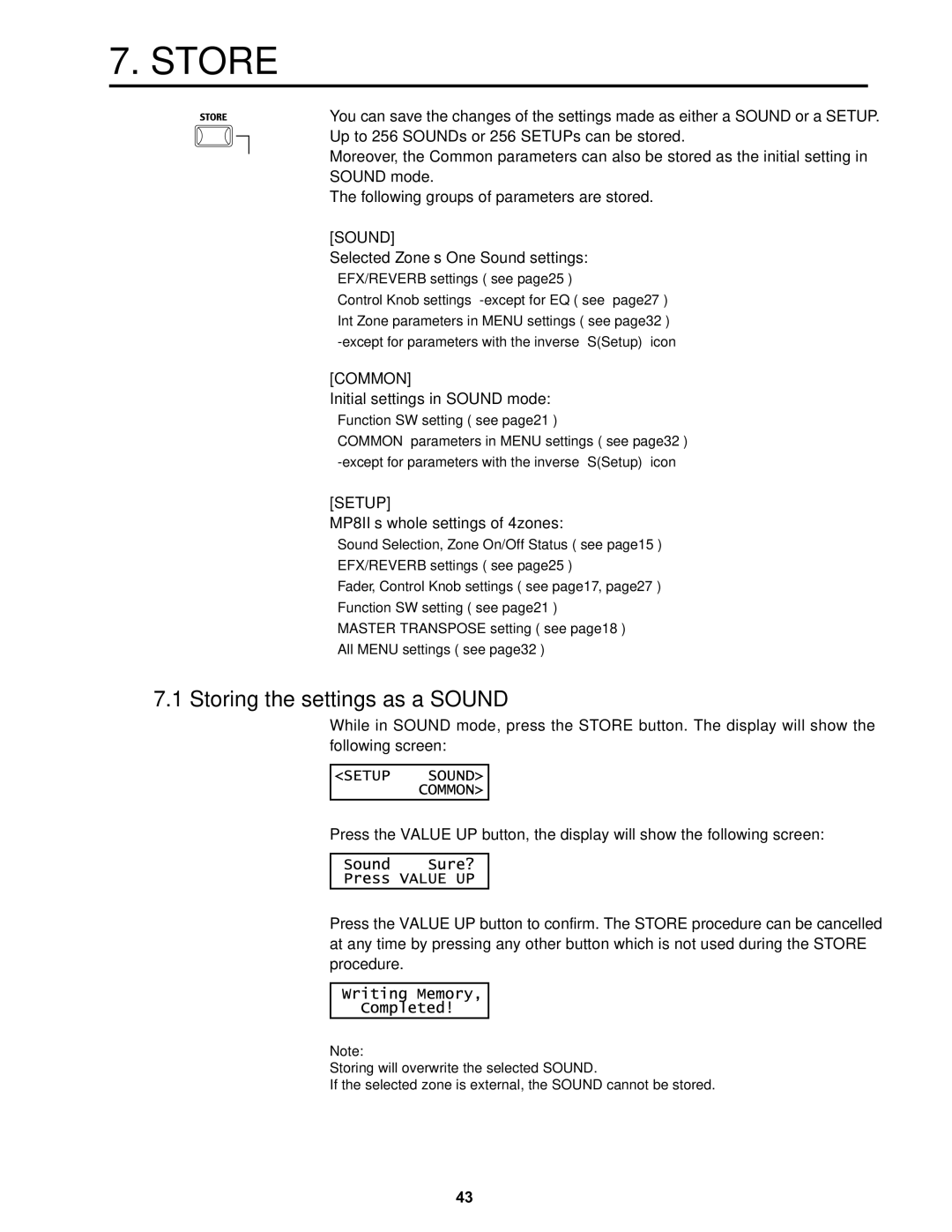 Kawai MP8II manual Store, Storing the settings as a Sound, EFX/REVERB settings see page25, Function SW setting see page21 