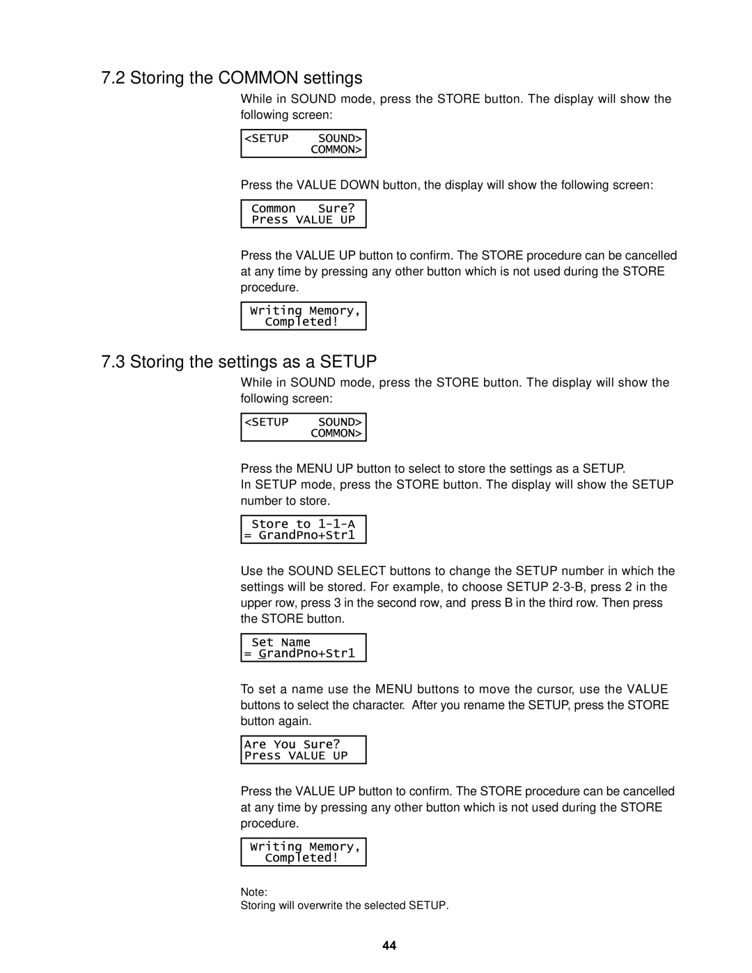 Kawai MP8II manual Storing the Common settings, Storing the settings as a Setup 