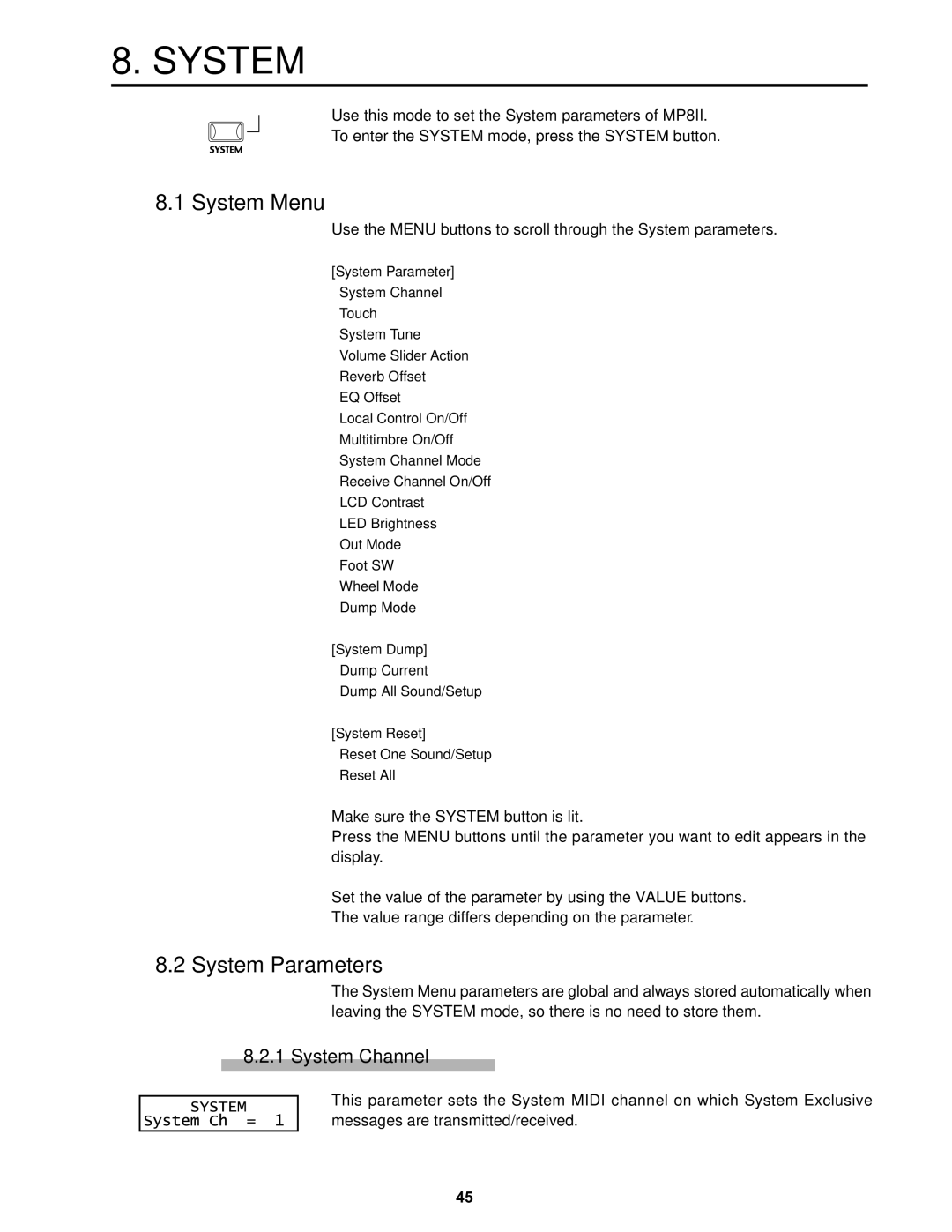 Kawai MP8II manual System Menu, System Parameters, System Channel 