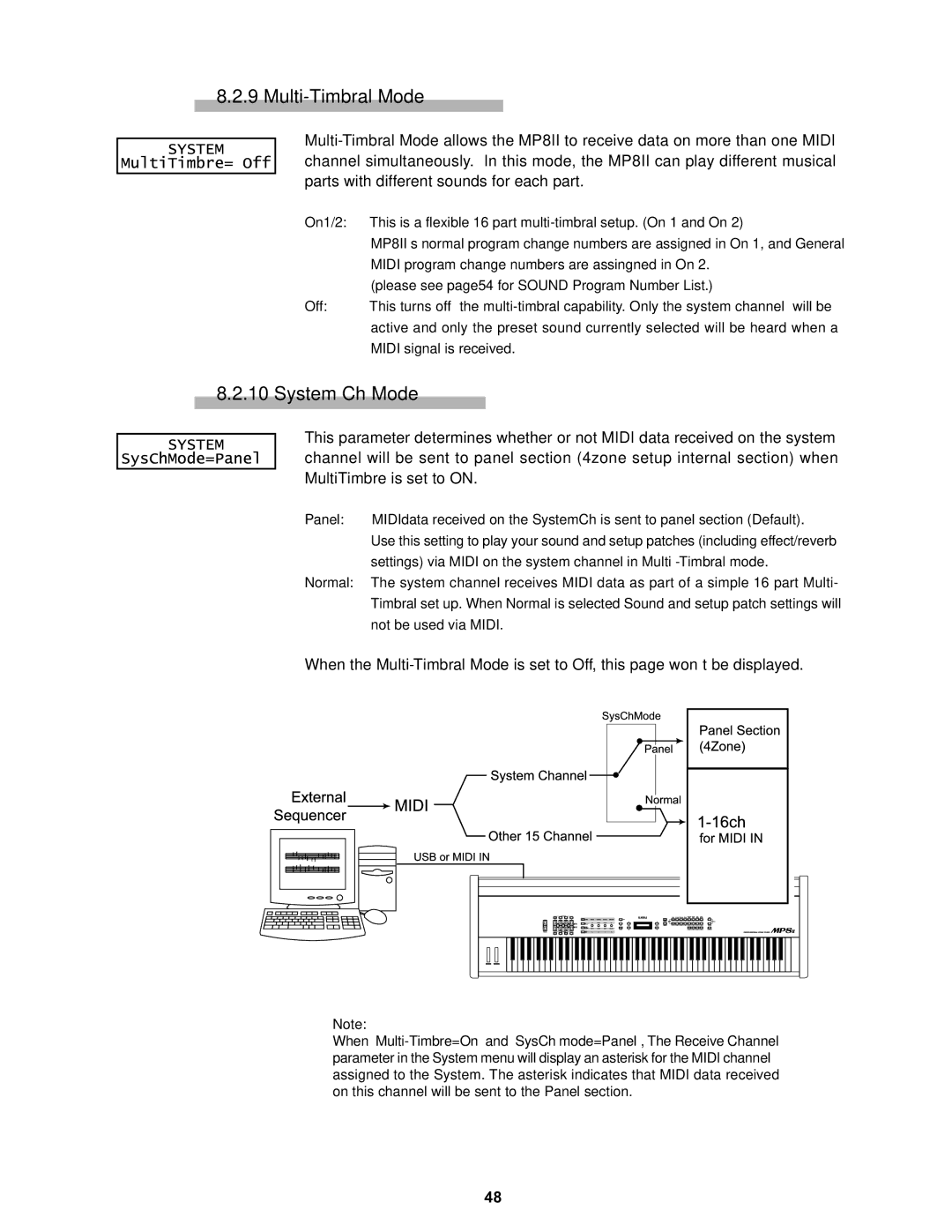 Kawai MP8II manual Multi-Timbral Mode, System Ch Mode, Midi program change numbers are assingned in On 