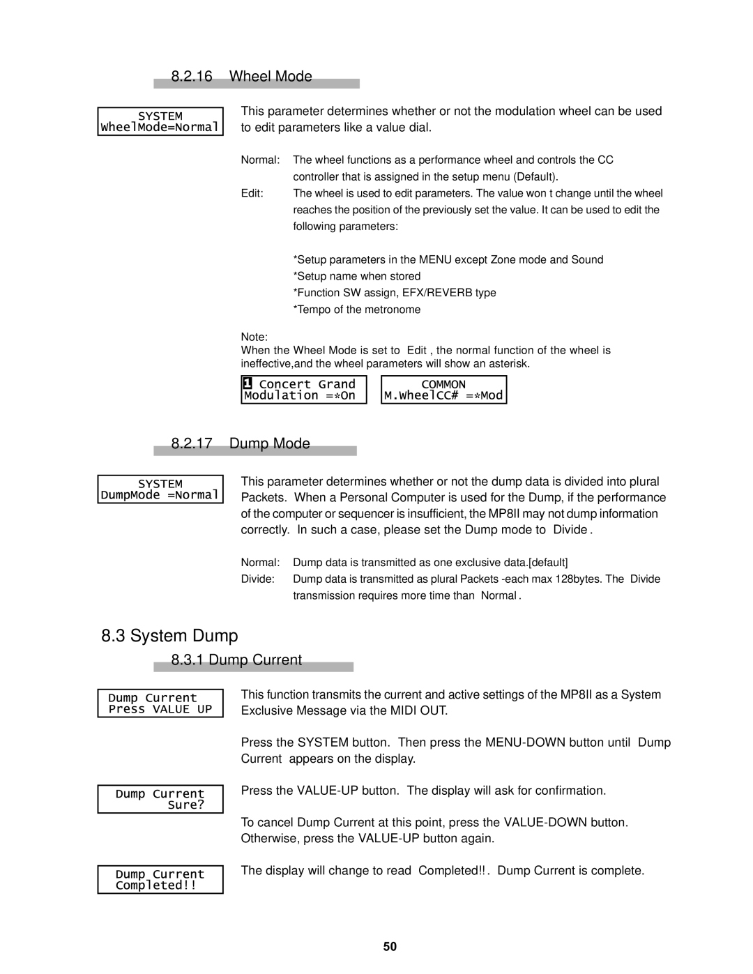 Kawai MP8II manual System Dump, Wheel Mode, Dump Mode, Dump Current 